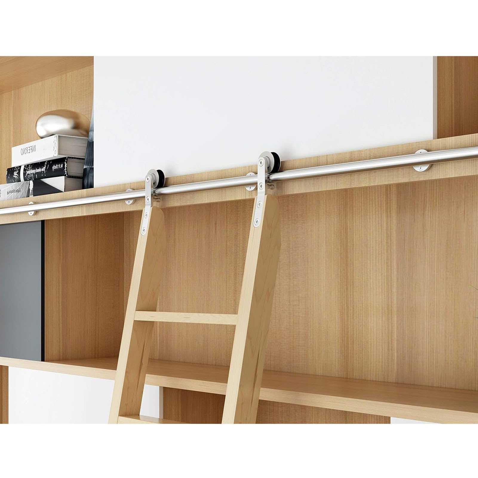 Generisch Rollbare Bibliotheksleiter für das Homeoffice, Gleitschienensystem für Bücherregale, Edelstahl-Rundrohr-Gleitleitersystem, komplettes Schienenset mit oberer Rolle (ohne Leiter) (Gr