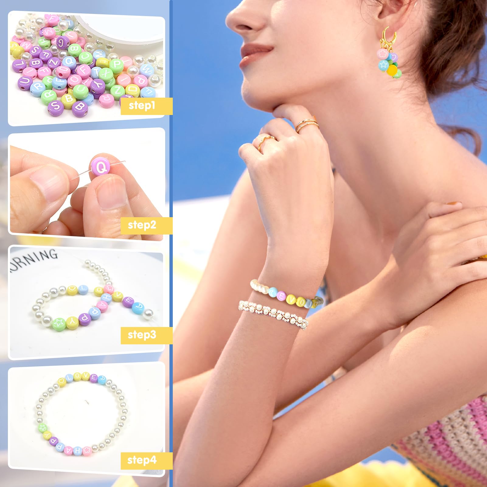 300 Perline Alfabeto In Plastica - Lettere A-Z Per Bracciali, Collane Fai Da Te, Bambini, 4x7mm, Bianco - Foto 4