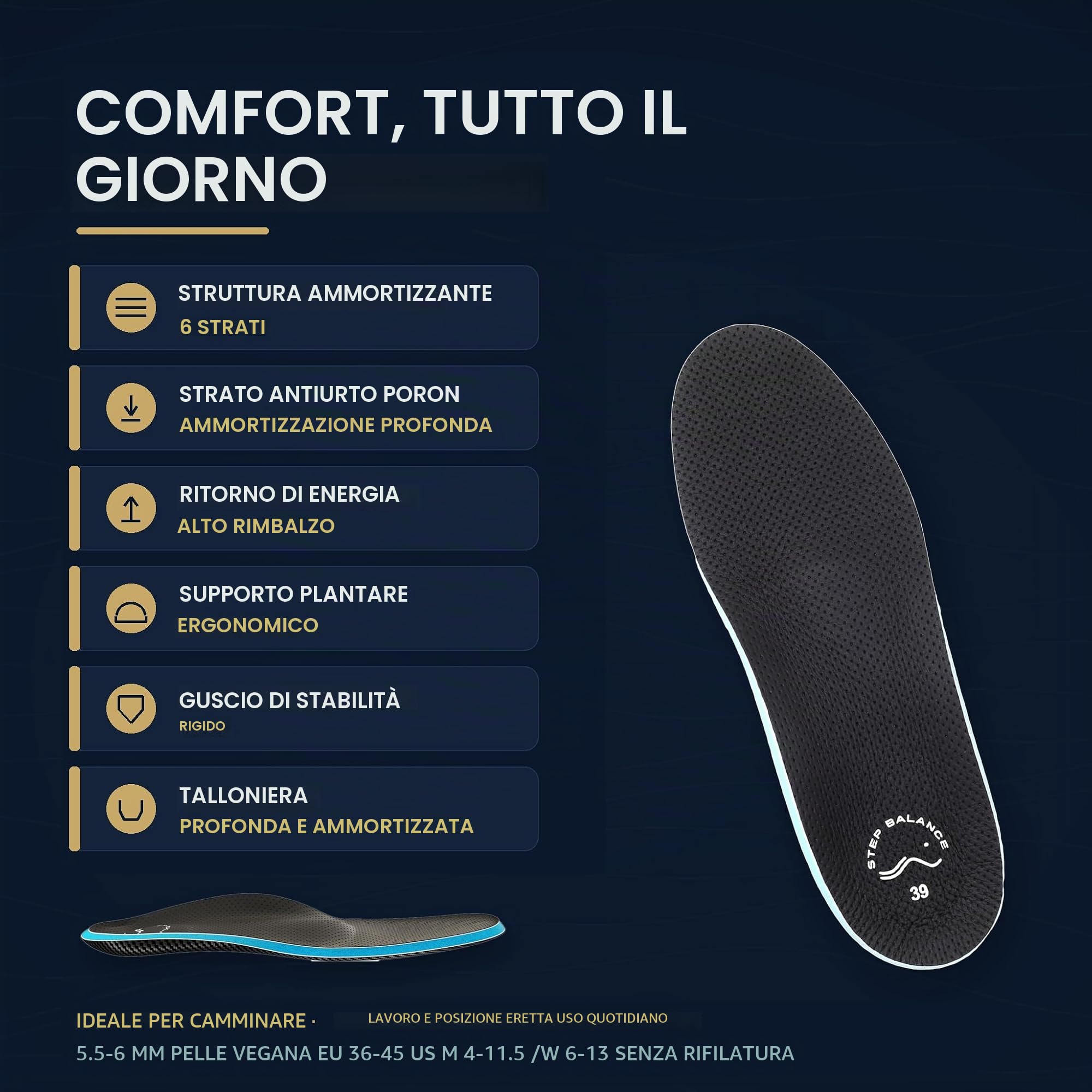 Solette Comfort Memory Foam, Supporto Arco, EU 42