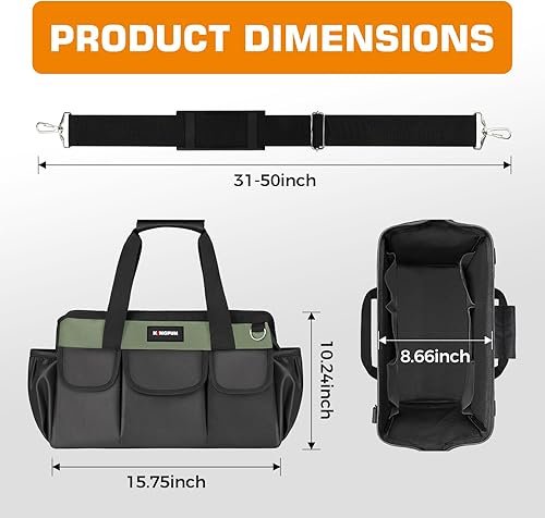 Miniatura 2 de Kingfun Bolsa de herramientas de 16 pulgadas para hombres resistente, organizador de bolsas de herramientas de 14 bolsillos, correa de hombro