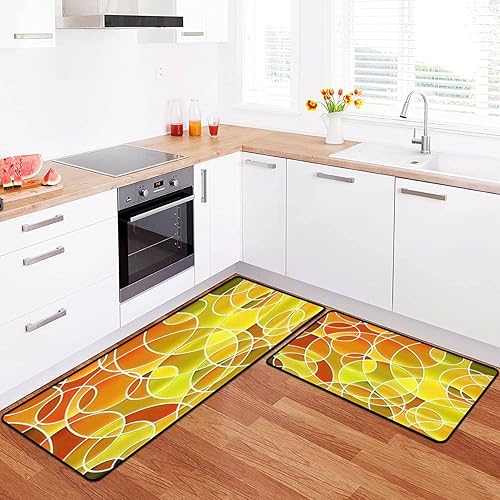 Kitchen Rugs Set Abstract Stained Glass Mosaic Orange Yellow Kitchen Mat for Floor Non-Slip Washable Kitchen Runner Doormat Bath Rug Carpet Comfort