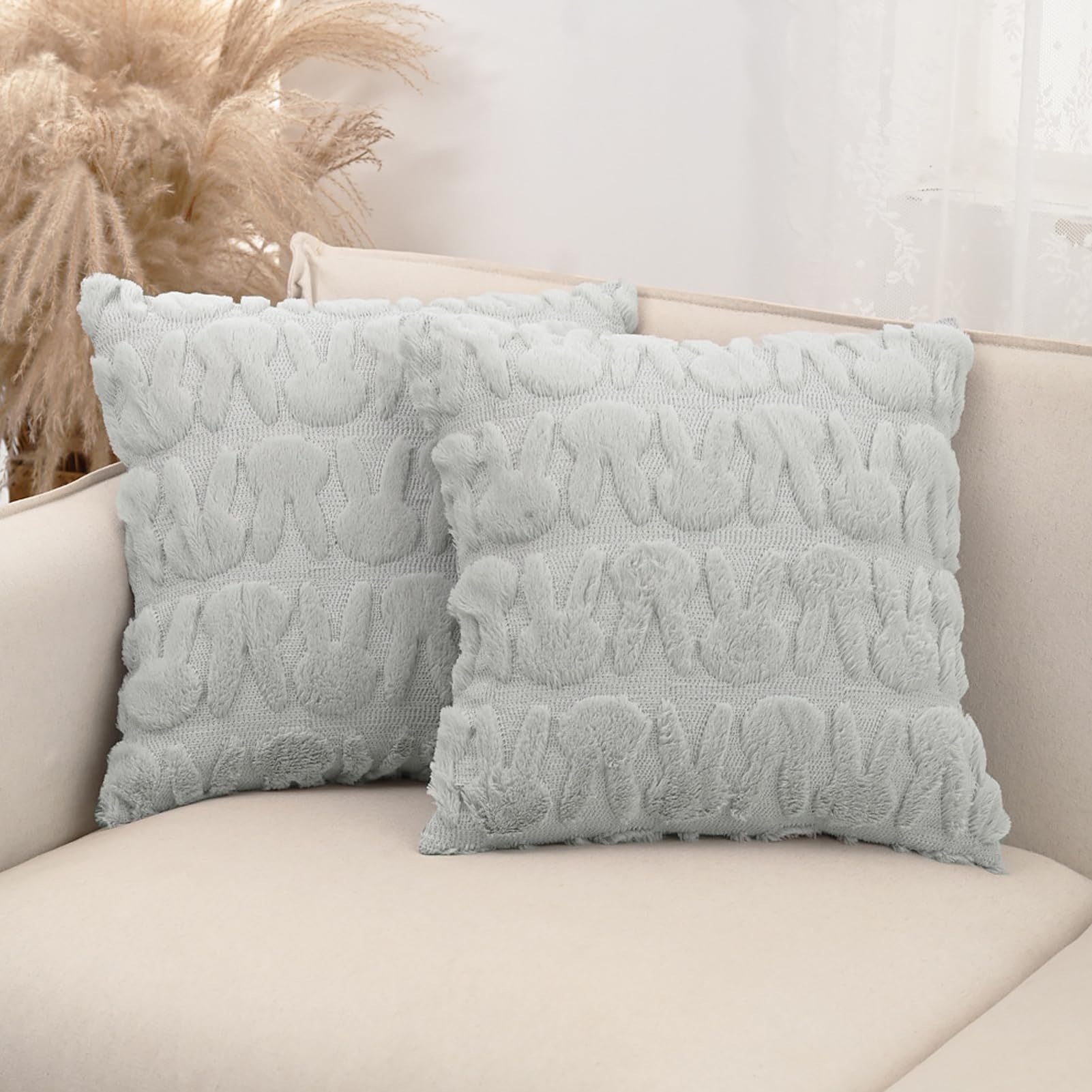 kaiwern 2X Easter Pillow Covers 17.7X 17.7 Soft Plush Faux Wool Fur with 3D Embroidery Easter Bunny Design for Home Easter Spring Decor on Sofa, Couch, Skin-Friendly (Grey, 40X40)