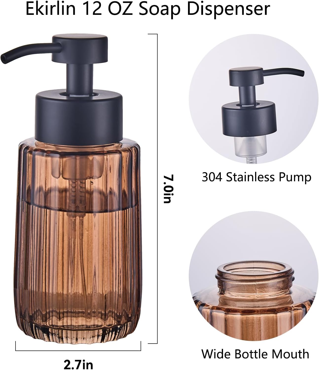 Ekirlin 12Oz Amber Glass Soap Dispenser with Black Rust Proof Stainless Steel Pump, Refillable Kitchen Soap Dispenser with Vertical Stripe, Bathroom soap Dispenser for Dispense Hand soap, Dish Soap