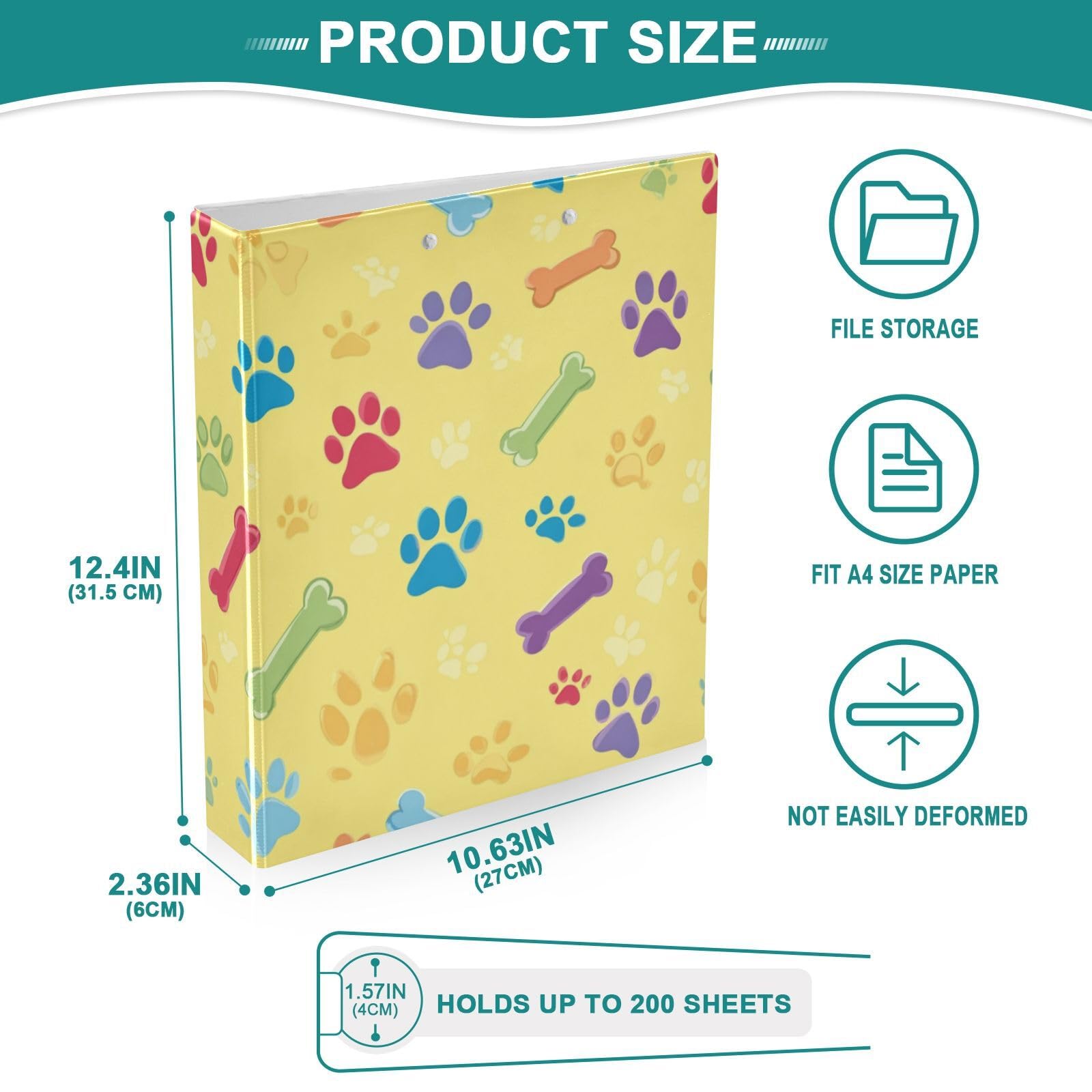Kcldeci Raccoglitore a 3 anelli con copertina rigida, osso di zampa di cane, giallo, 3,8 cm, anelli rotondi con tasche interne, per scuola, ufficio, ricette, raccoglitori, confezione da 2