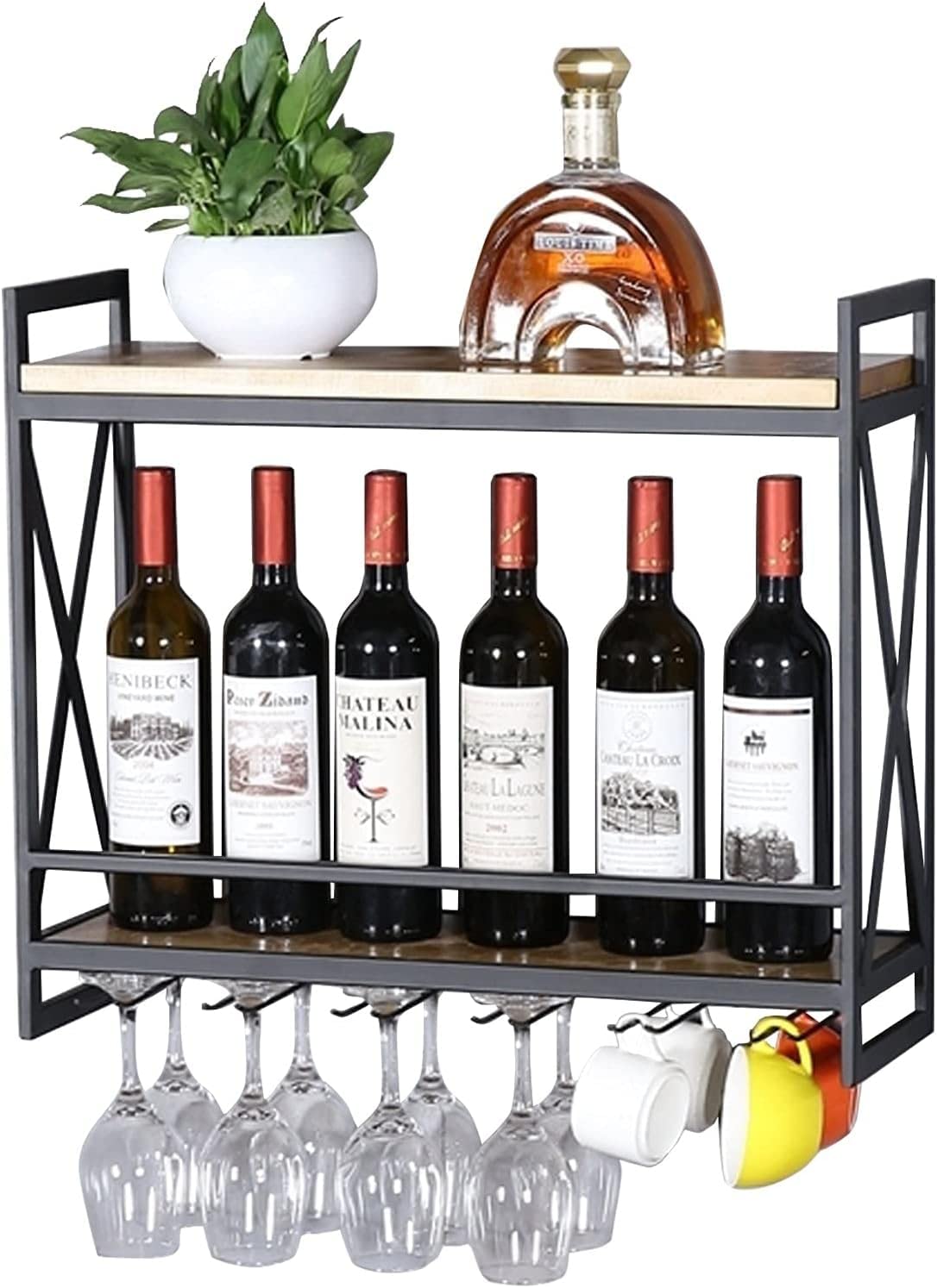 Support de rangement pour vin mural - Range-bouteille avec porte-verre