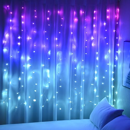 Curtain Lights Pink Blue Purple Fairy Lights for Bedroom Wall Hanging for Teen Girls Unicorn Mermaid Under The Sea Ocean Nautical Beach Themed Room Decor (Purple Blue Ombre)