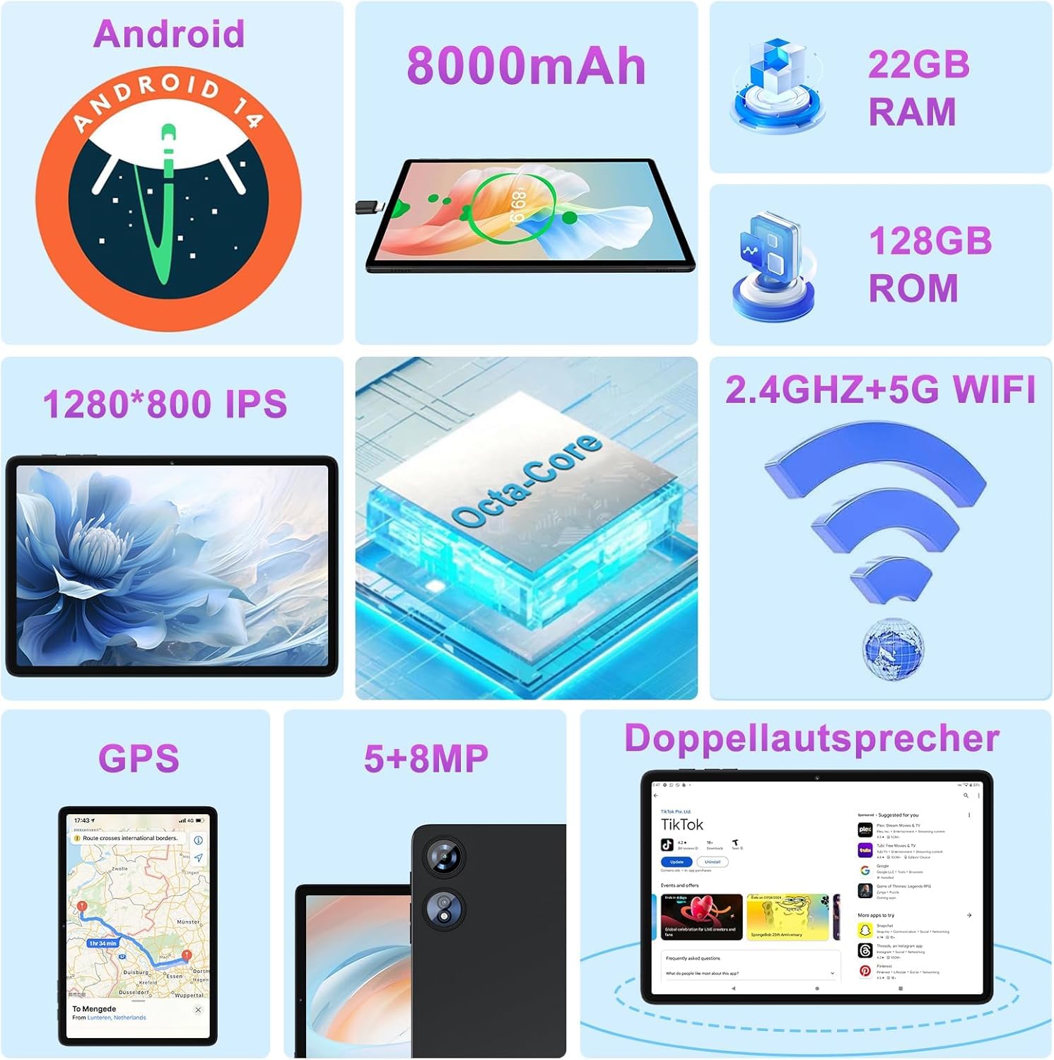 Tablet Android Tablet 10 pollici 22 GB RAM+128 GB ROM (espandibile 1T), Octa-Core 2.0 Ghz, WiFi 6/5G/2.4G, Widevine L1, 8000 mAh, 1080P, 5 MP + 8 MP, Bluetooth 5.0, Touch, Tastiera+Mouse e Caso-Nero