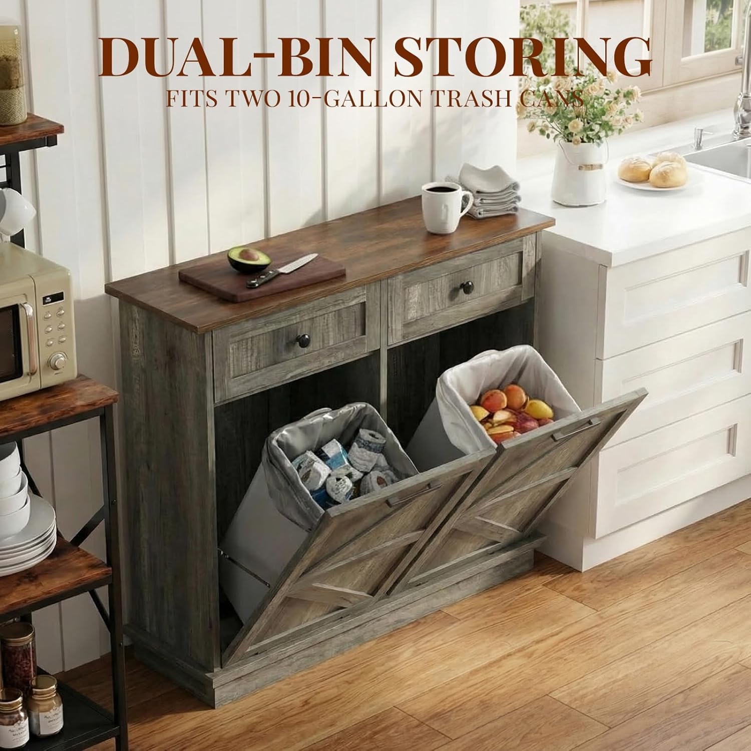 Tilt Out Trash Can Cabinet for Kitchen, Double 10-Gallon Hidden Trash Cabinet with Drawer, Farmhouse Wooden Garbage Cabinet, Dog Proof Trash Can Storage for Kitchen Laundry Living Room Office, Gray