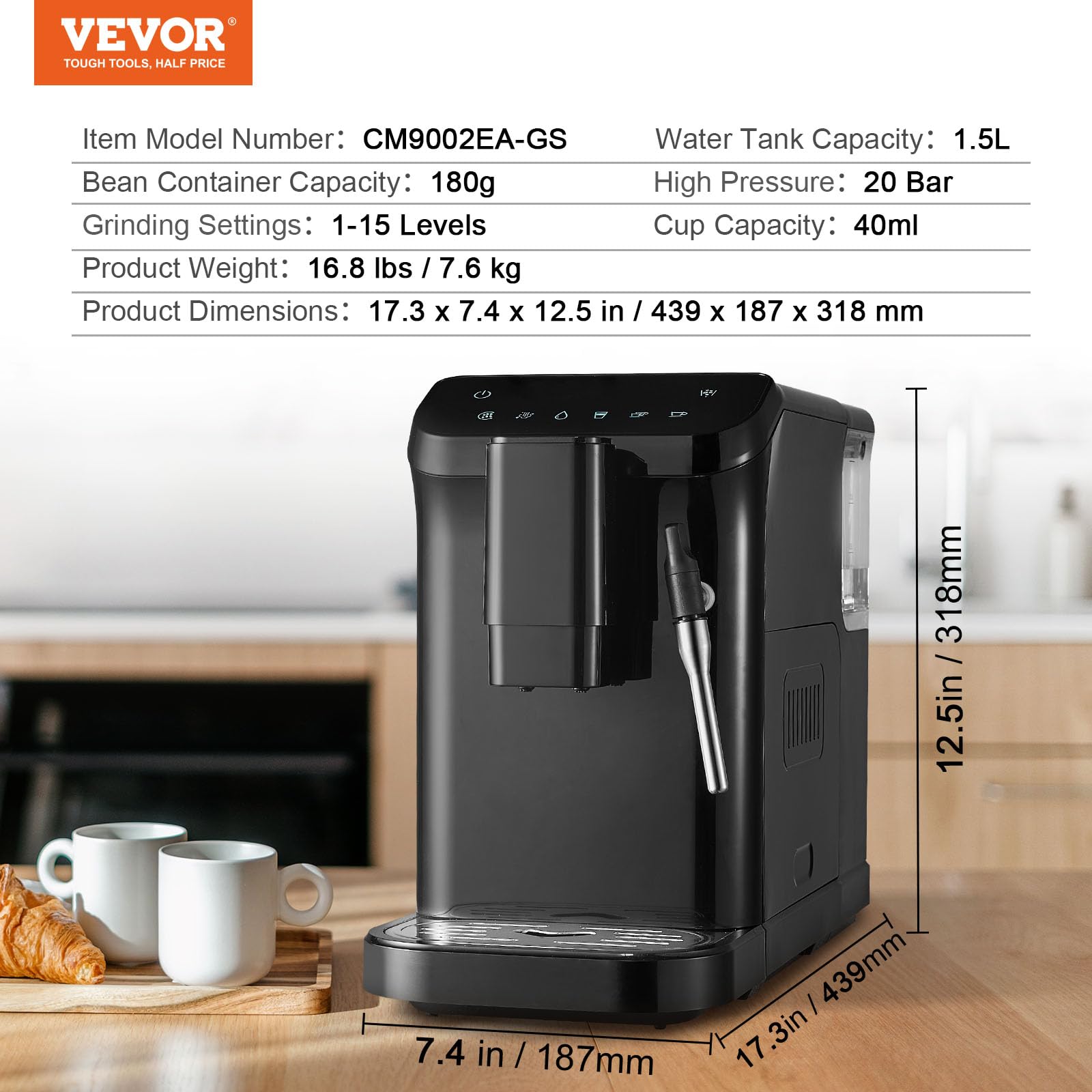 VEVOR Macchina per caffè espresso automatica, Macchina per caffè con lancia vapore, Macinacaffè impostazioni di macinatura a 15 livelli, Macchina per caffè espresso serbatoio dell'acqua 1,5 litri