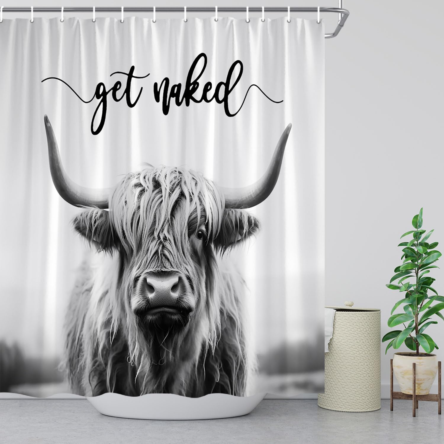 ZWSMZW Highland Cow Shower Curtain Grey Rustic Cattle Bull Western Wild Animal Get Naked Country Farmhouse Funny Cabin Bathroom Decor Fabric Curtains with Hooks - Image 3
