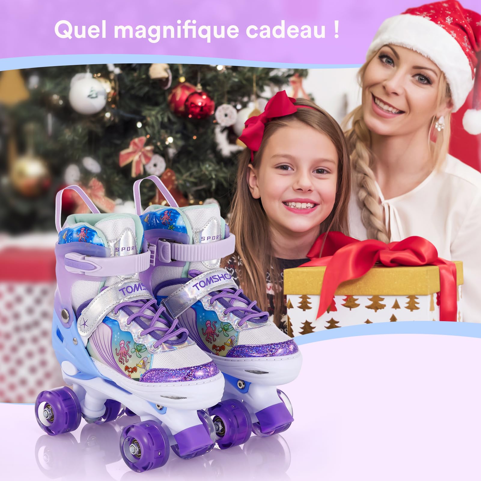 TOMSHOO Roller Enfant Fille, Patins à roulettes Fille avec LED Lumineuse Roues, 4 Taille Réglable, Rollers Quad pour Enfants, Adolescents, débutants Débutants Cadeau Anniversaire