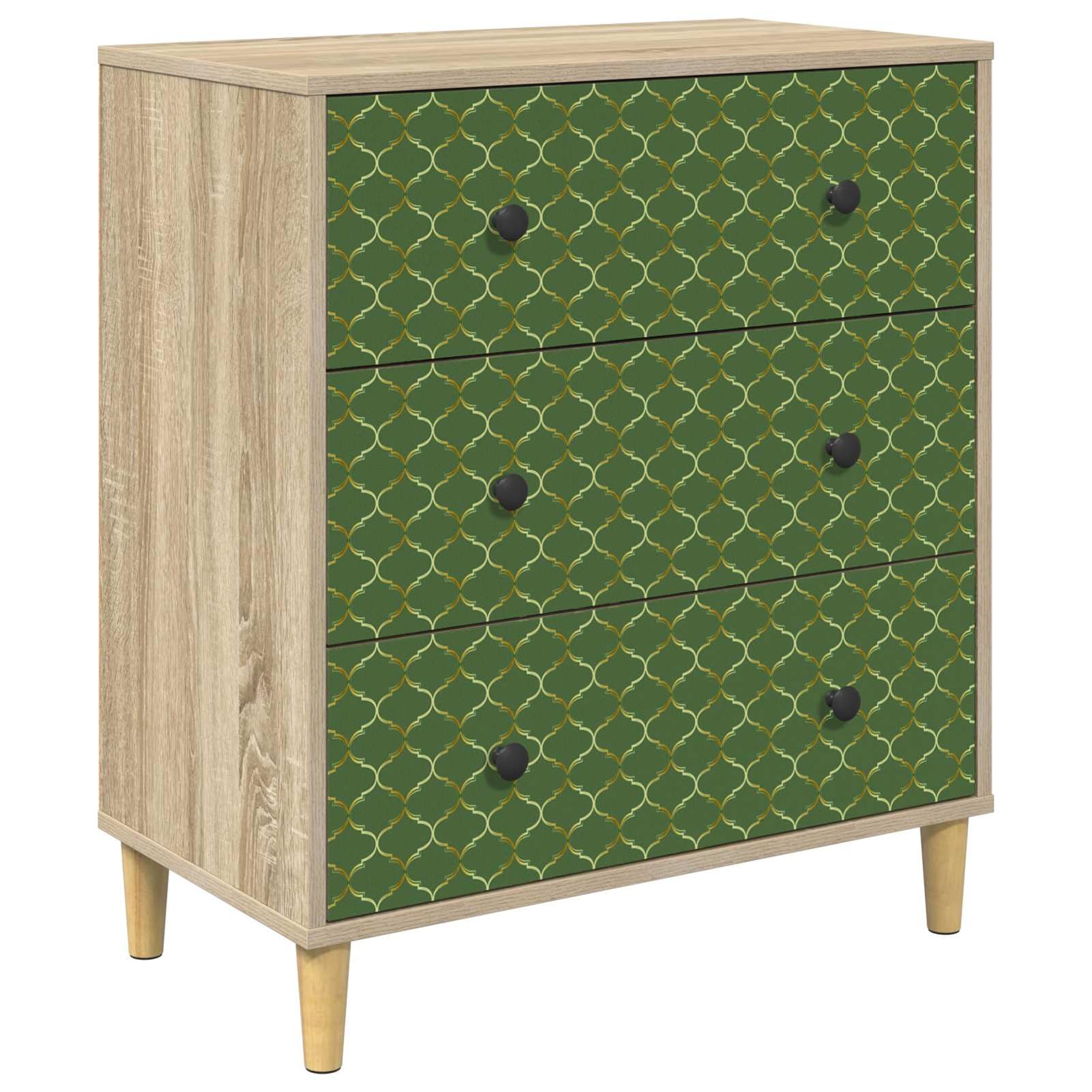 Homgoday Kommode GELEEN Smaragd geometrisches Muster 66 x 36,5 x 75 cm Holzwerkstoff Sonoma, 3 Schubladen, Stauraum, erhöhte Füße, für Schlafzimmer, Wohnzimmer 8007351