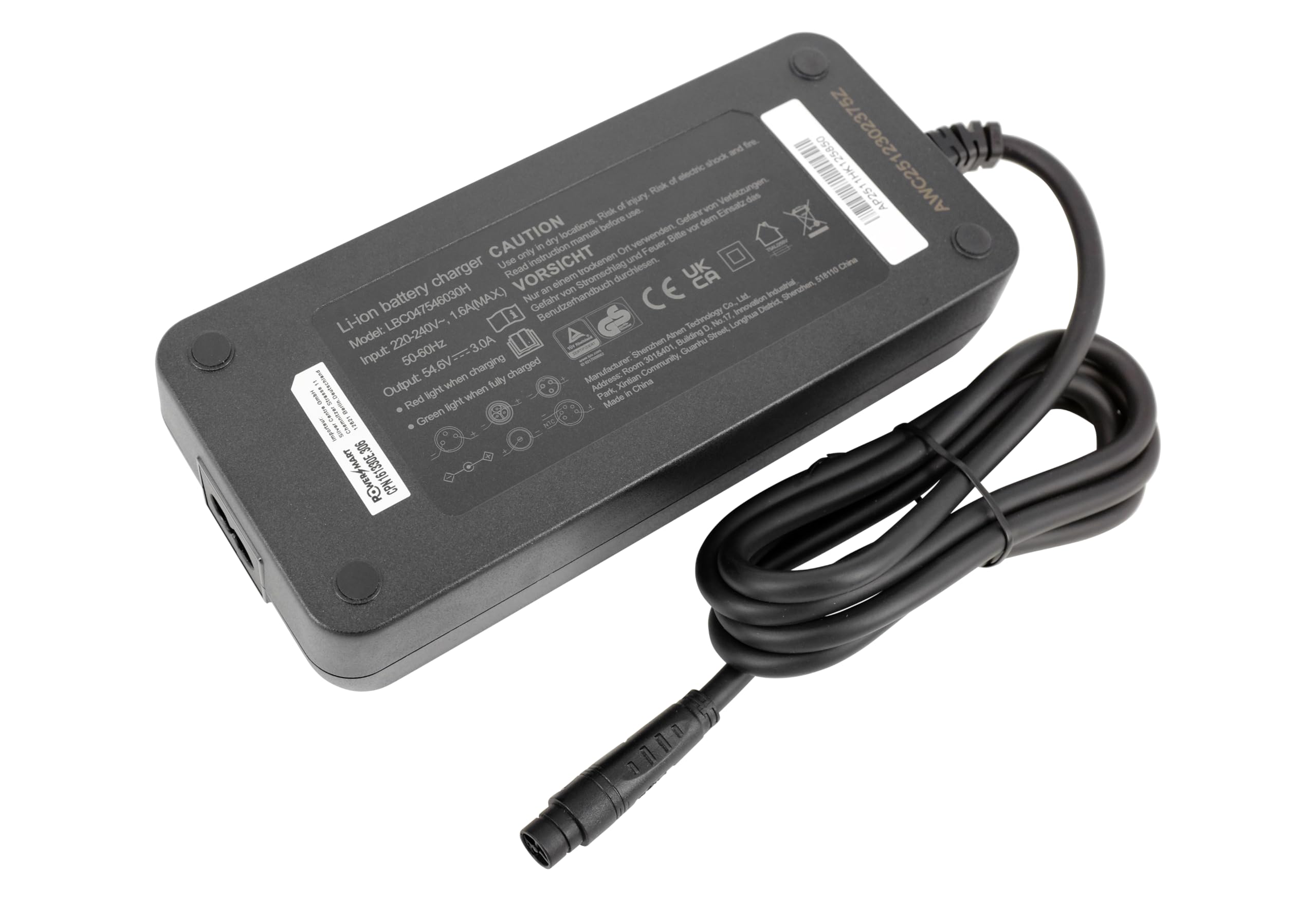 PowerSmart Caricabatterie 54,6 V 3 A a 3 poli per biciclette elettriche con batteria al litio da 48 V, sostituisce Mate X 750 W 48 V (MAX 3 poli) 14,5-17,5 Ah