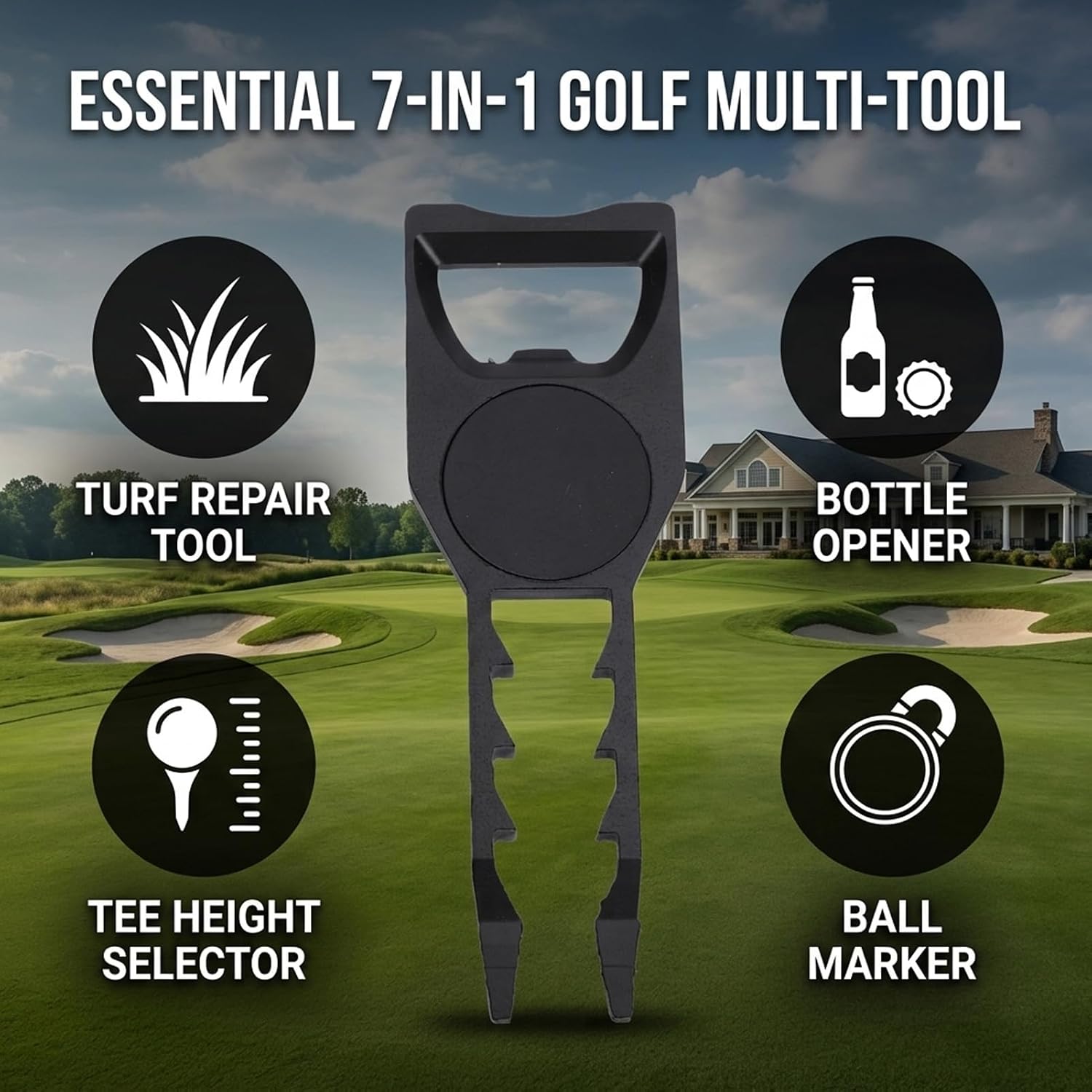 Shkalacar 7 in 1 Metal Divot Tool Ball Marker Tee Height Selector Groove Cleaner with Putter Alignment Aid Temporary Tee Bottle Opener for Golfers Turf Repair Accessory