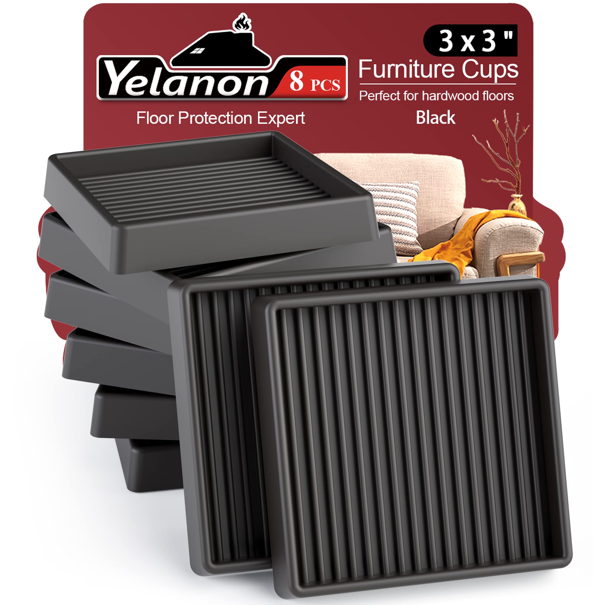 Yelanon Furniture Coasters 8 Pcs 3” Furniture Caster Cups - Non Slip Furniture Pads Hardwoods Floors - Non Skid Grippers Rubber Furniture Feet Anti