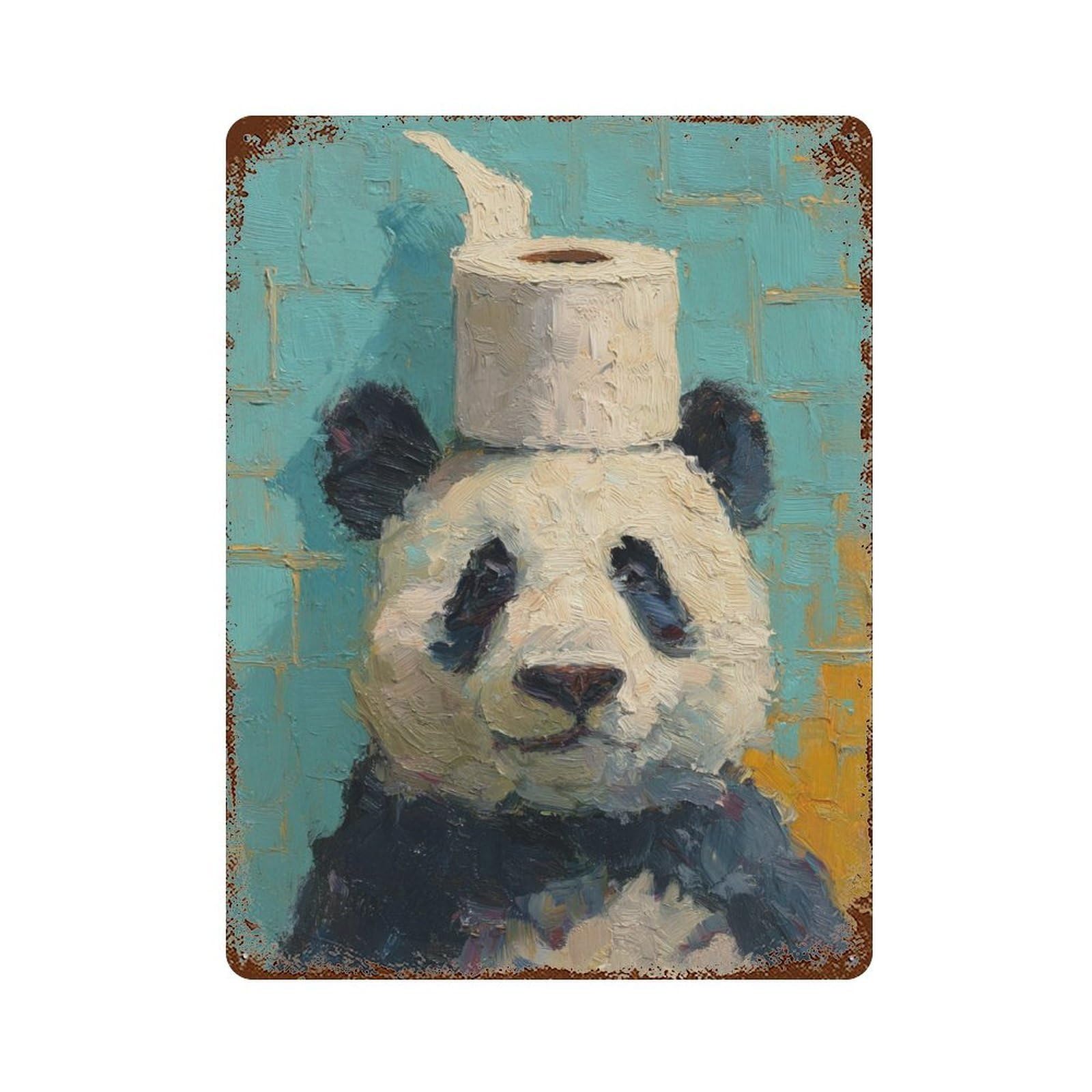 Adorable Panda with Toilet Paper Hat 15.7"x11.8" Weathered Tin Sign, Rustic Home Decor for Living Room, Hallway And Home Decor