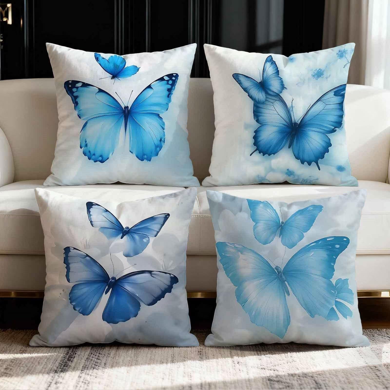 QiHon Cushion Covers 65x65 cm Set of 4 Blue Butterfly Linen Square Pillow Cases 26x26 inch Modern Decorative Throw Pillow Covers for Sofa Couch Bedroom Home Office with Invisible Zipper