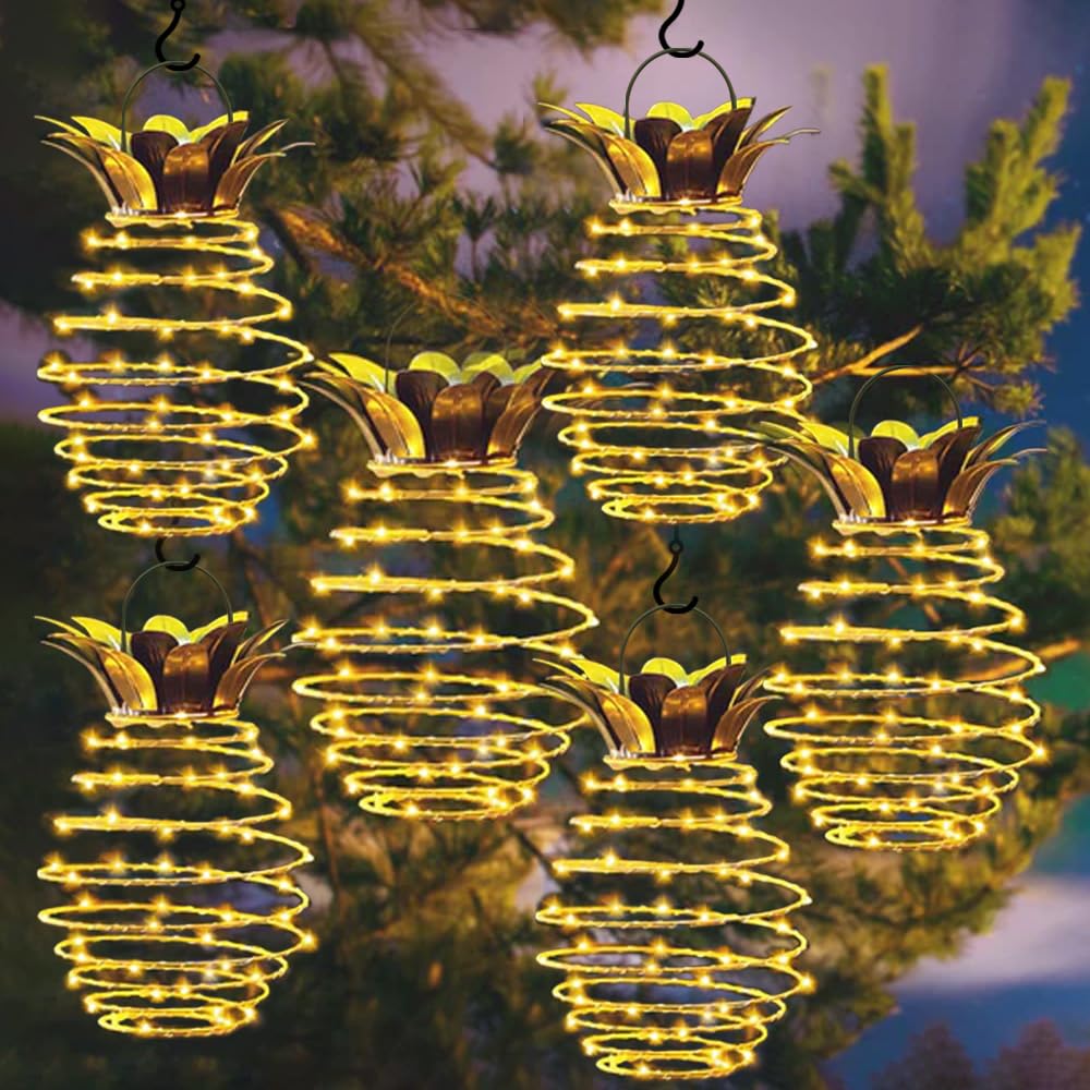 JHPGEOE Paquete de 6 faroles solares colgantes para exteriores, 60 LED, impermeables, luz solar de piña para jardín, patio, porche, césped, patio, paisaje, camino, patio, jardinería exterior