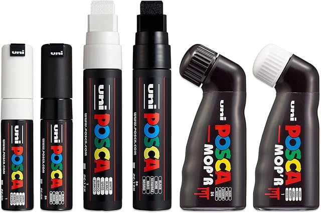 Posca - Broad Nib Paint Marker Pens - MOP'R, PC-17K, PC-8K - Black & White Set of 6