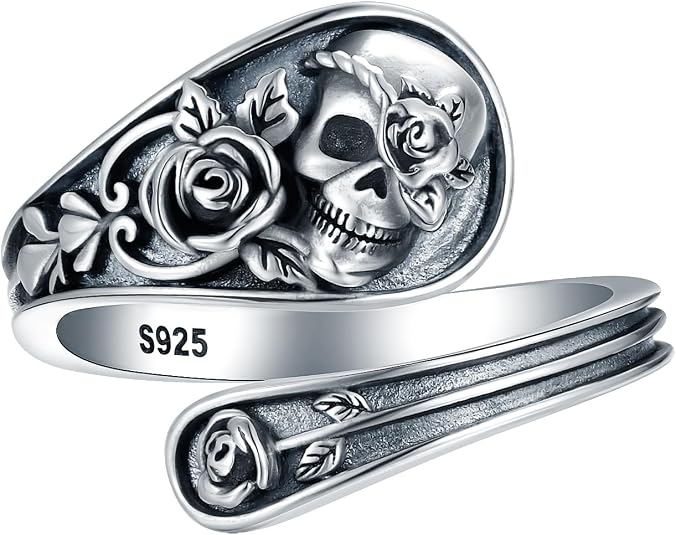 Sterling-Silver Skull Spoon Ring - Gothic Adjustable Ring Rose Flower Statement Butterfly Ring Boho Victorian Vintage Thumb Rings Halloween Jewelry Gifts for Women