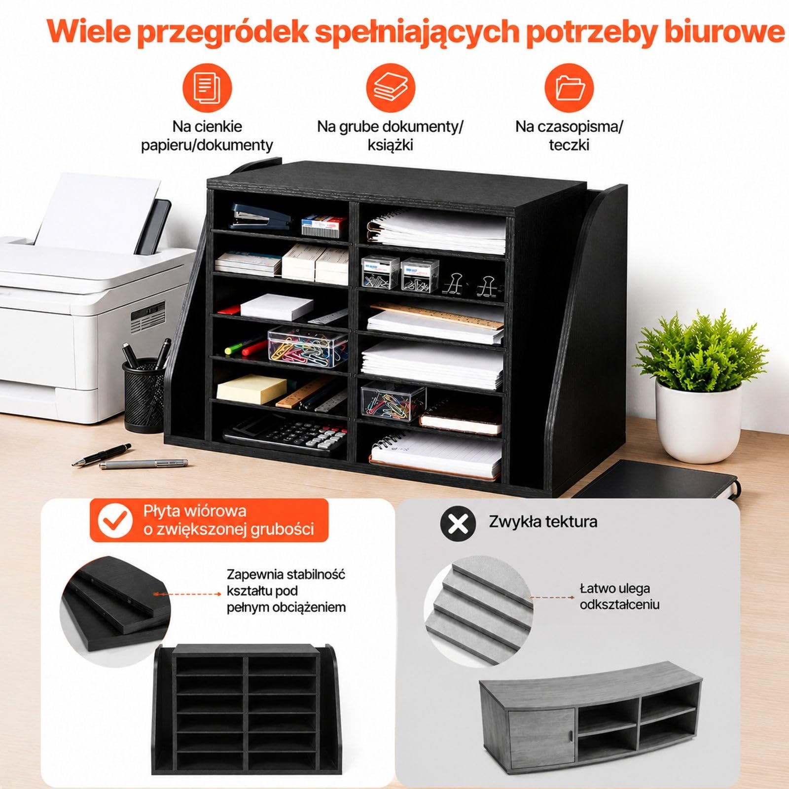 Czarny organizer z płyty wiórowej na dokumenty, 12 przegródek i pionowa sekcja na teczki, do biura, klasy, akt, książek oraz papieru