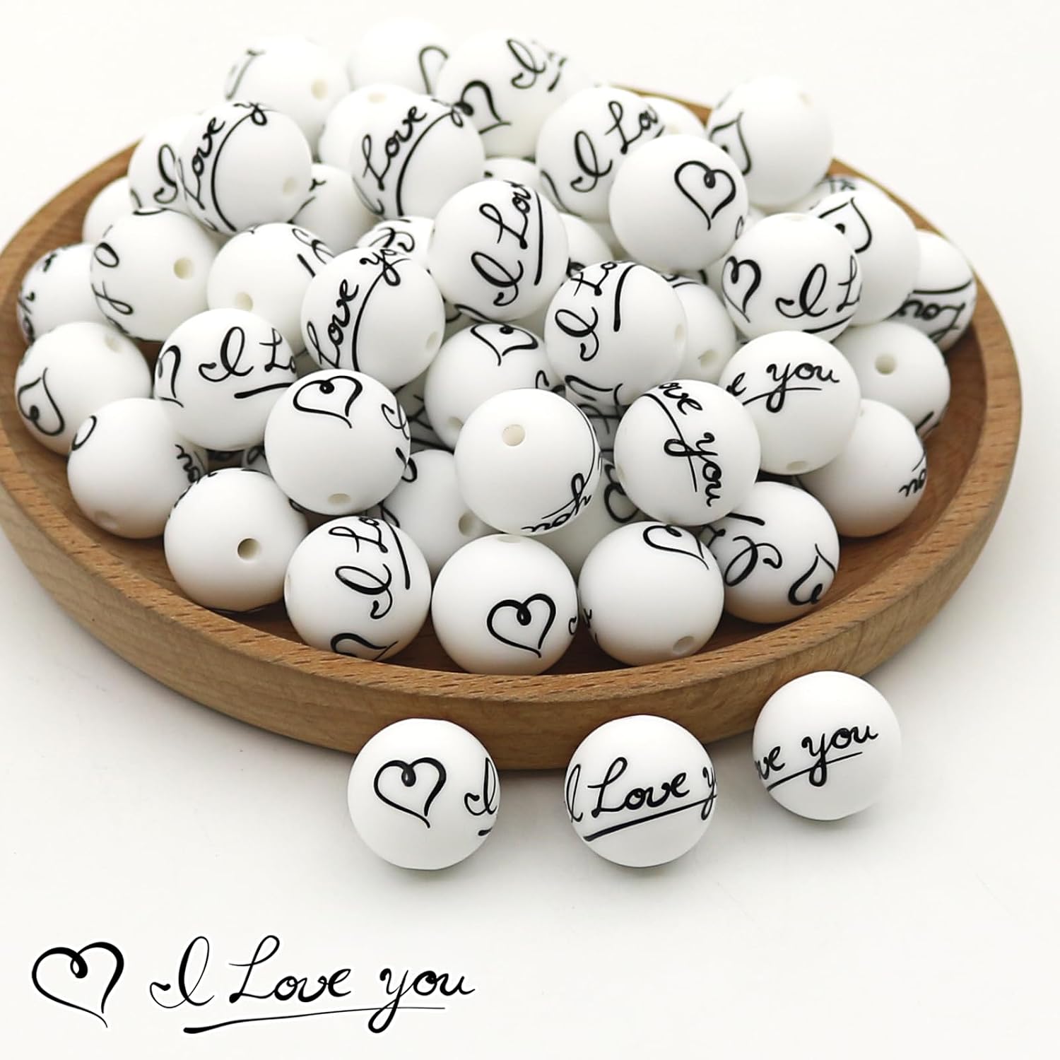 30PCS I Love You Silicone Focal Beads 15mm - Romantic Black & White Heart Printed Beads for Beadable Pens, Keychains & DIY Jewelry Making -Loose Beads with Storage Box for Handmade Gifts image 3