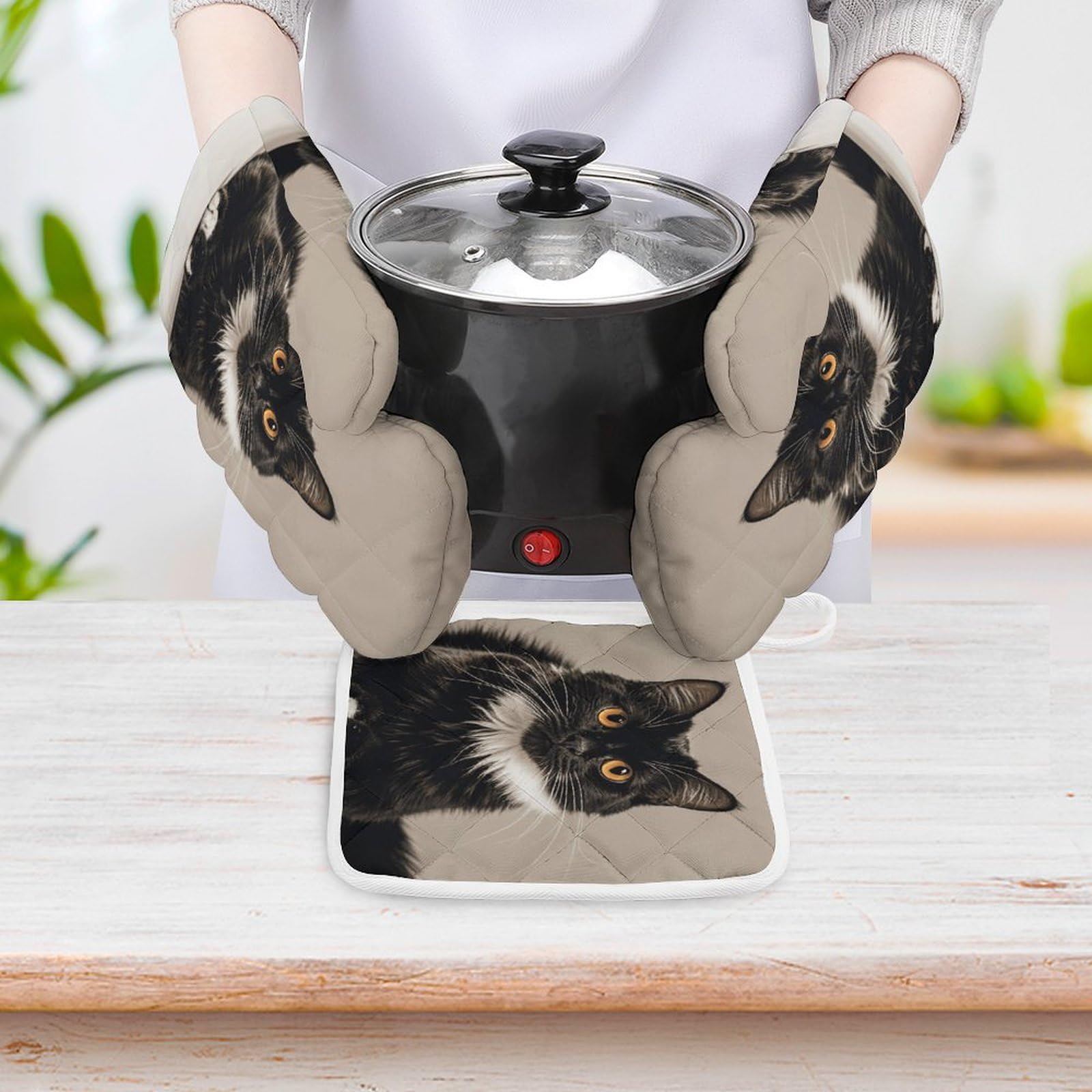 Ofenhandschuhe & Topflappen-Set Mit Katzen-Motiv – Hitzebeständig Bis 300°C