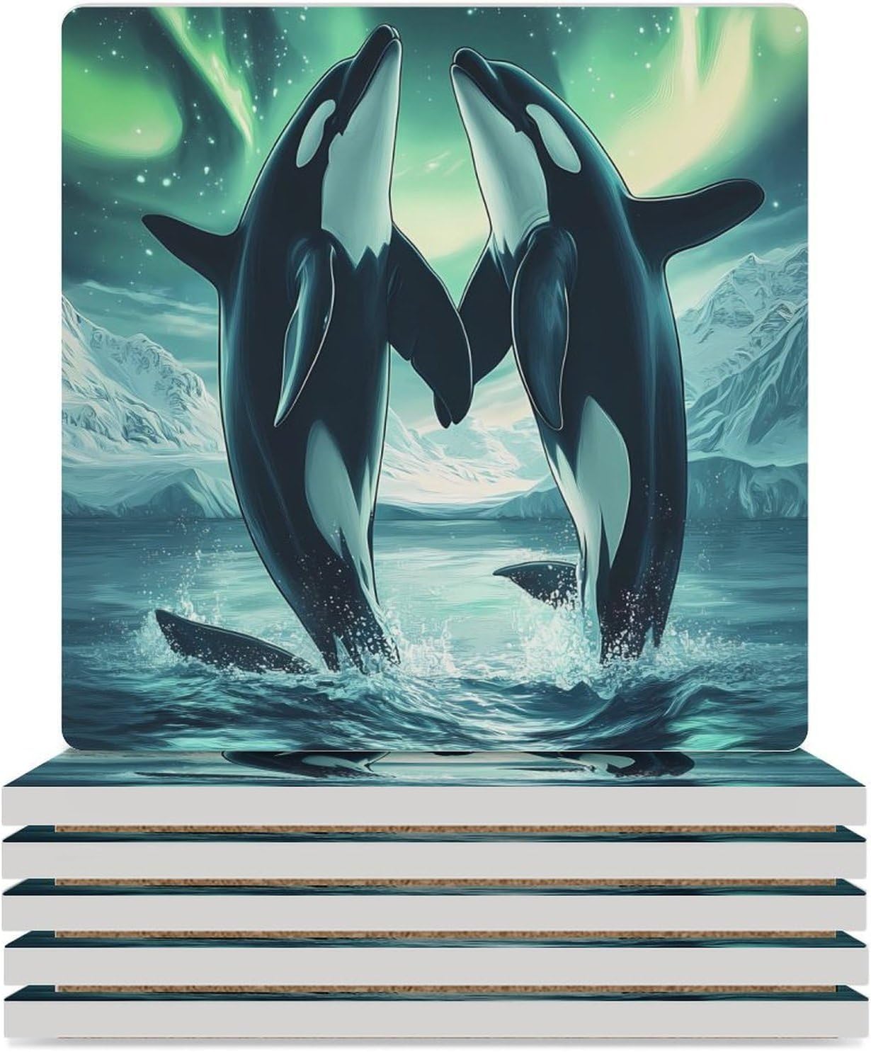 Orcas Killer Whale Northern Light Funny Ceramic Coasters for Drink Absorbent Cup Holders Tabletop Protection