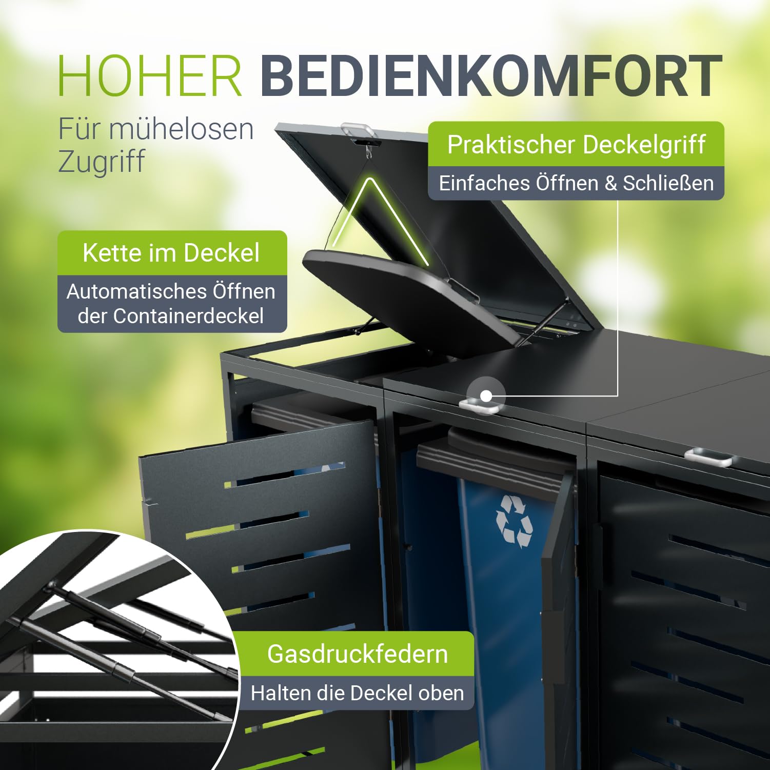Juskys Mülltonnenbox Arel 3er - Metall Gartenbox für 120 BZW. 240 Liter Mülltonnen - Aufbewahrungsbox abschließbar - Unterstand mit Dach & Gasdruckfeder - Anthrazit