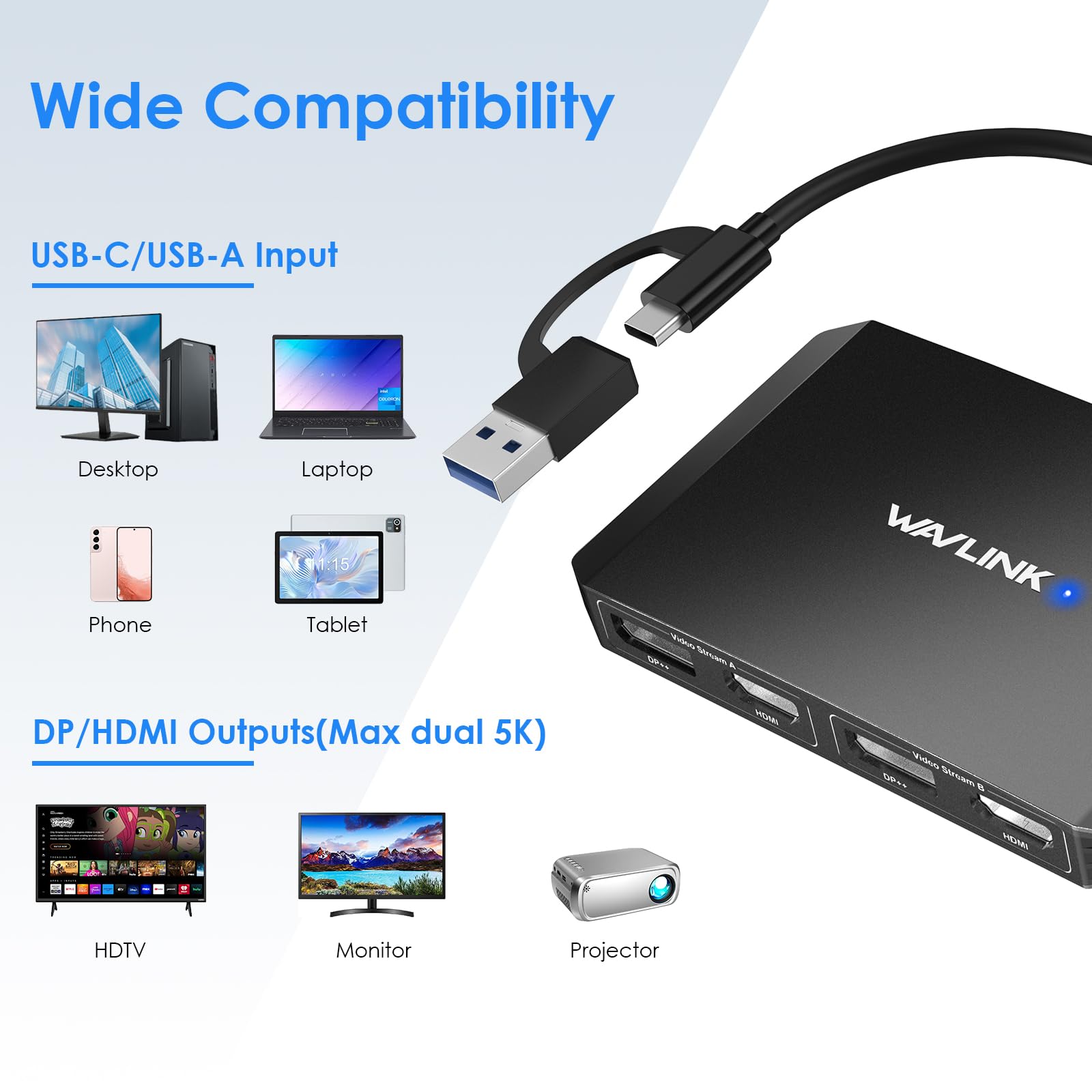WAVLINK DisplayLink Adaptateur USB 3.0 ou USB C vers DisplayPort HDMI, Double hub de Moniteur 5K/4K @ 60 Hz 4 en 1 pour Windows et Mac, Compatible avec Le Nouveau MacBook Neo - Noir