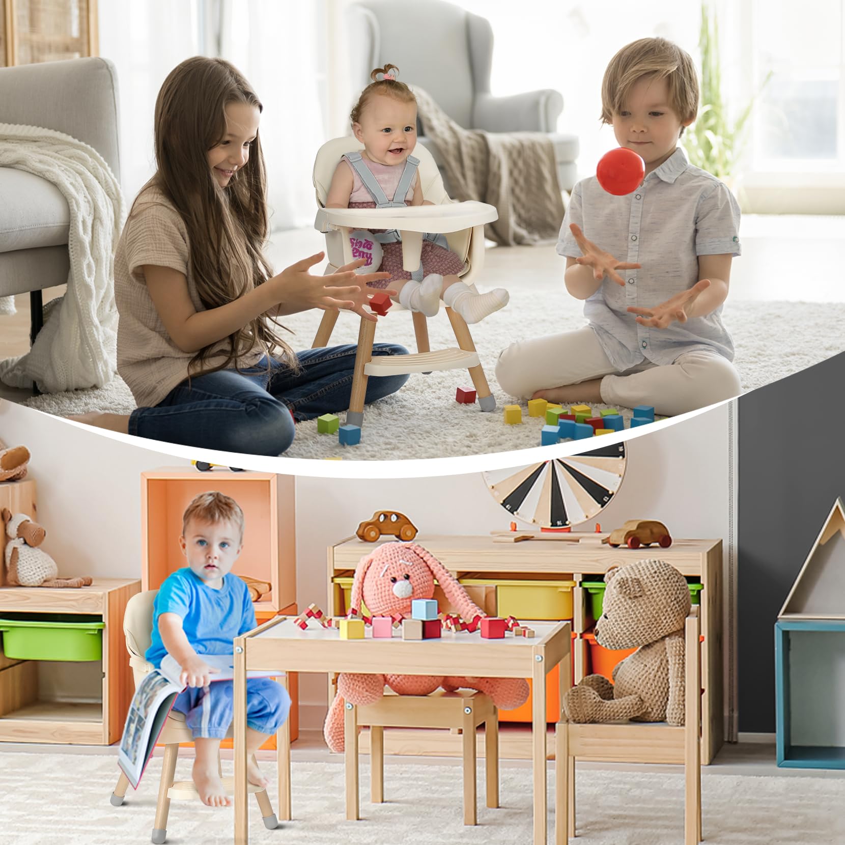 Seggiolone Pappa 6 in 1 Convertibile in Rialzo Sedia Bambino con Gambe in Legno, Cintura 5 Punti, Vassoio Rimovibile, Beige