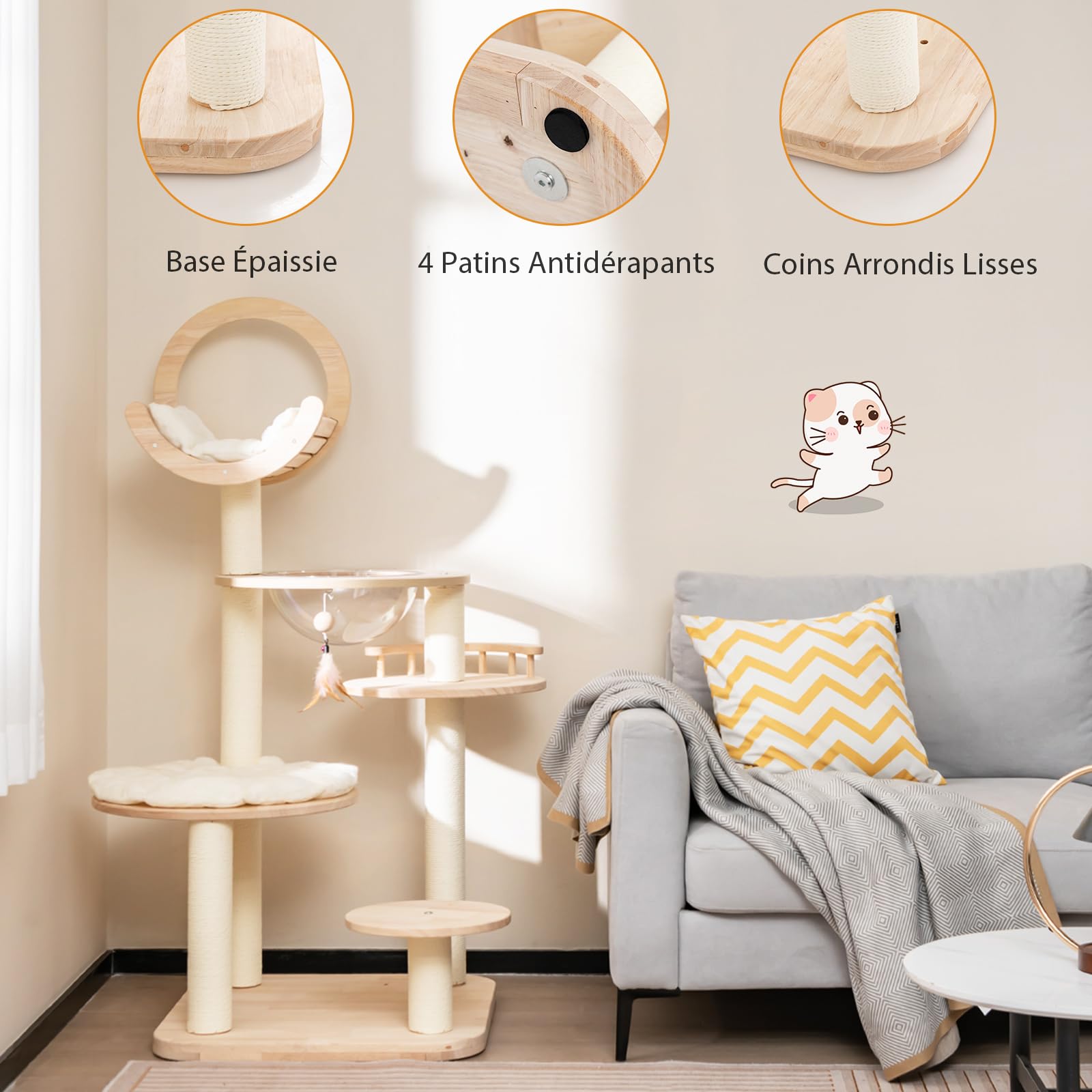 COSTWAY Arbre à Chat en Bois Convertible 4 en 1, Grande Tour à Chat 146 CM en Blocs de Construction avec Condo, Hublot et Griffoir, Centre d’Activités pour Chaton avec Jouet Suspend, Bois de Chêne