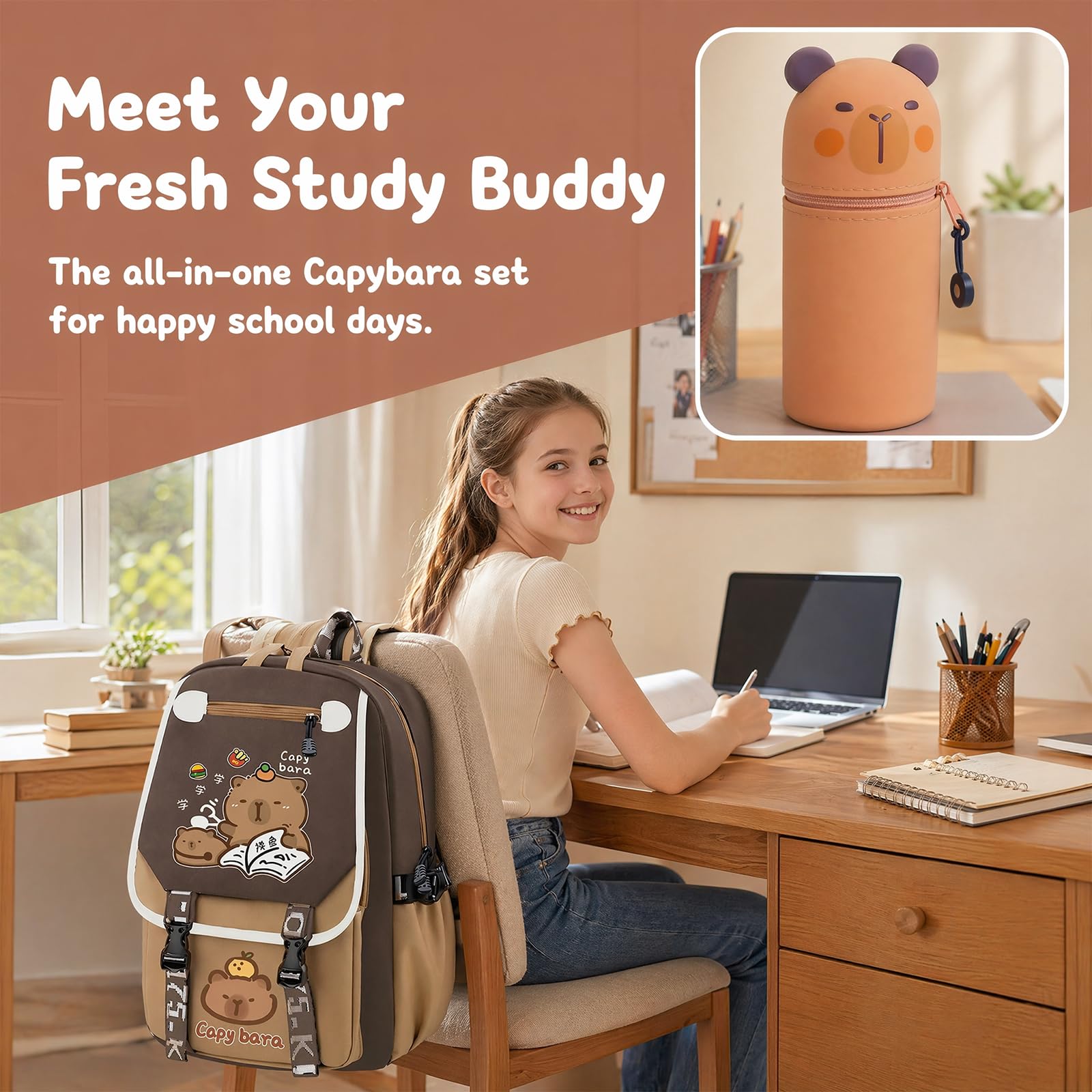 Mochila Infantil Capybara con Estuche y Bolígrafos Borrables, Marrón 1
