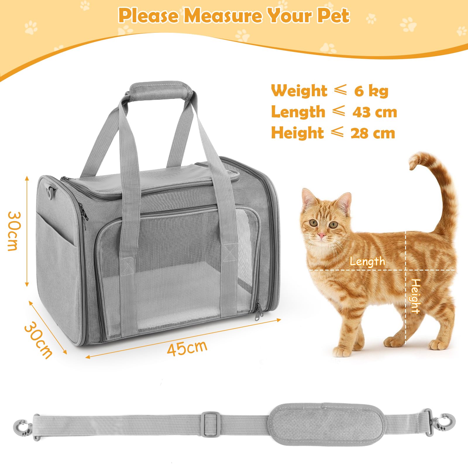 Sac Transport Chat, Sac Transport Chien d'Extérieur Pliable et Respirant, 45 x 30 x 30 cm, Caisse de Transport Chat avec Matelas Souple, Sac Chat Transport