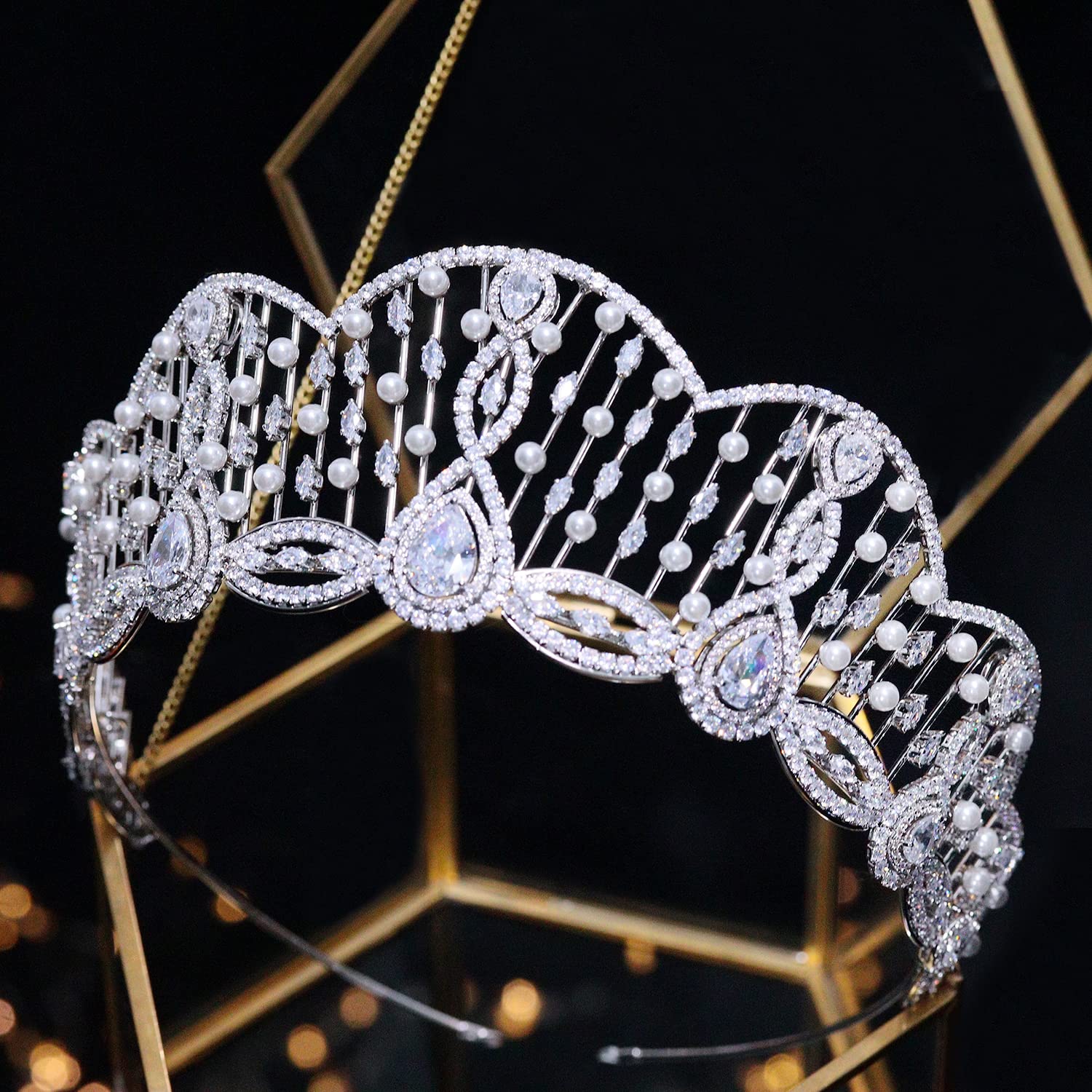 Jorsnovs Pearls Cubic Zirconia Tiaras and Crowns for Women Large CZ Wedding Headpiece Bride Hair Accessories