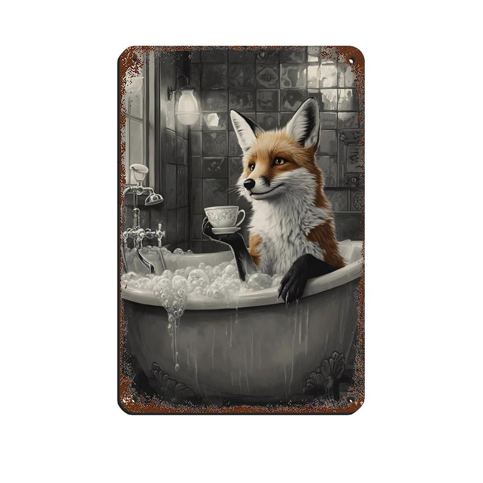 Whimsical Fox in Vintage Bathtub Retro Poster Metal Tin Sign Chic Art Retro Iron Painting Bar People Cave Cafe Family Garage Poster Wall Decoration 8x12inch(20x30cm)