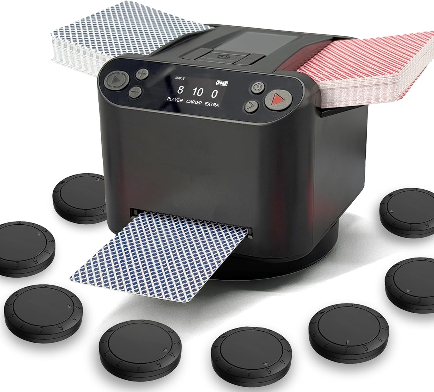 Automatic Card Shuffler and Dealer,2 Decks Shuffle,5 Preset Games,Support 12 Players,Ultra Quiet,Rechargeable,for Poker,Blackjack,UNO,Phase 10,Five Crowns,8 Drawing Remotes (Black 2026 Upgrade)