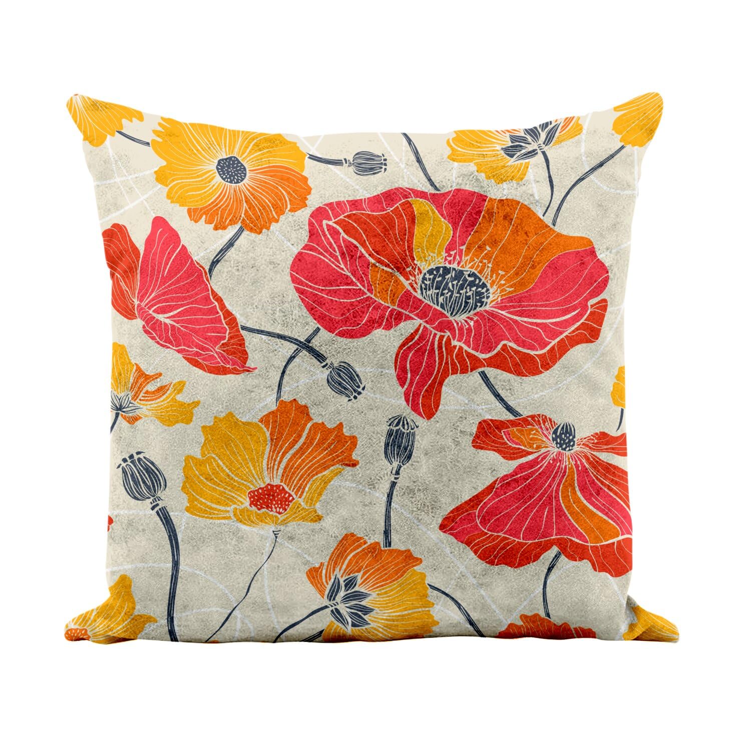 Coussin anti-tache similicuir blanc motif coquelicot beige floral 40x40 cm lavable
