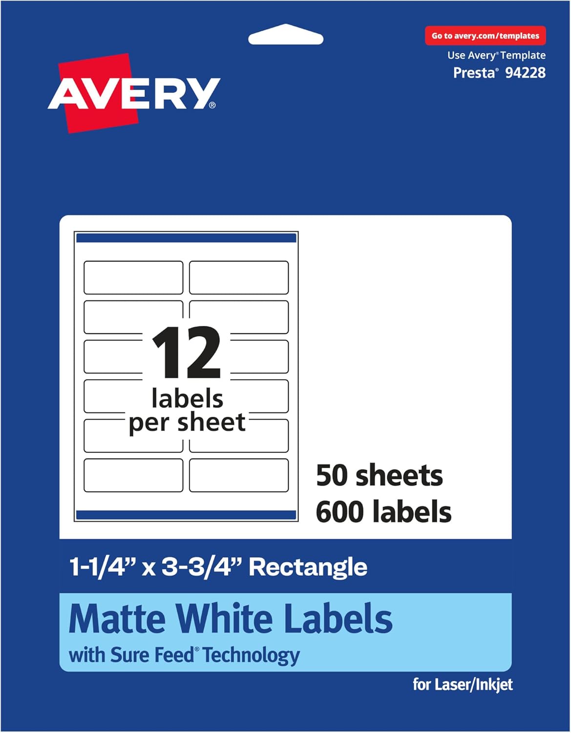 Avery Matte White Rectangle Labels, Sure Feed Technology, 1.25" x 3.75", 600 Matte White Printable Labels
