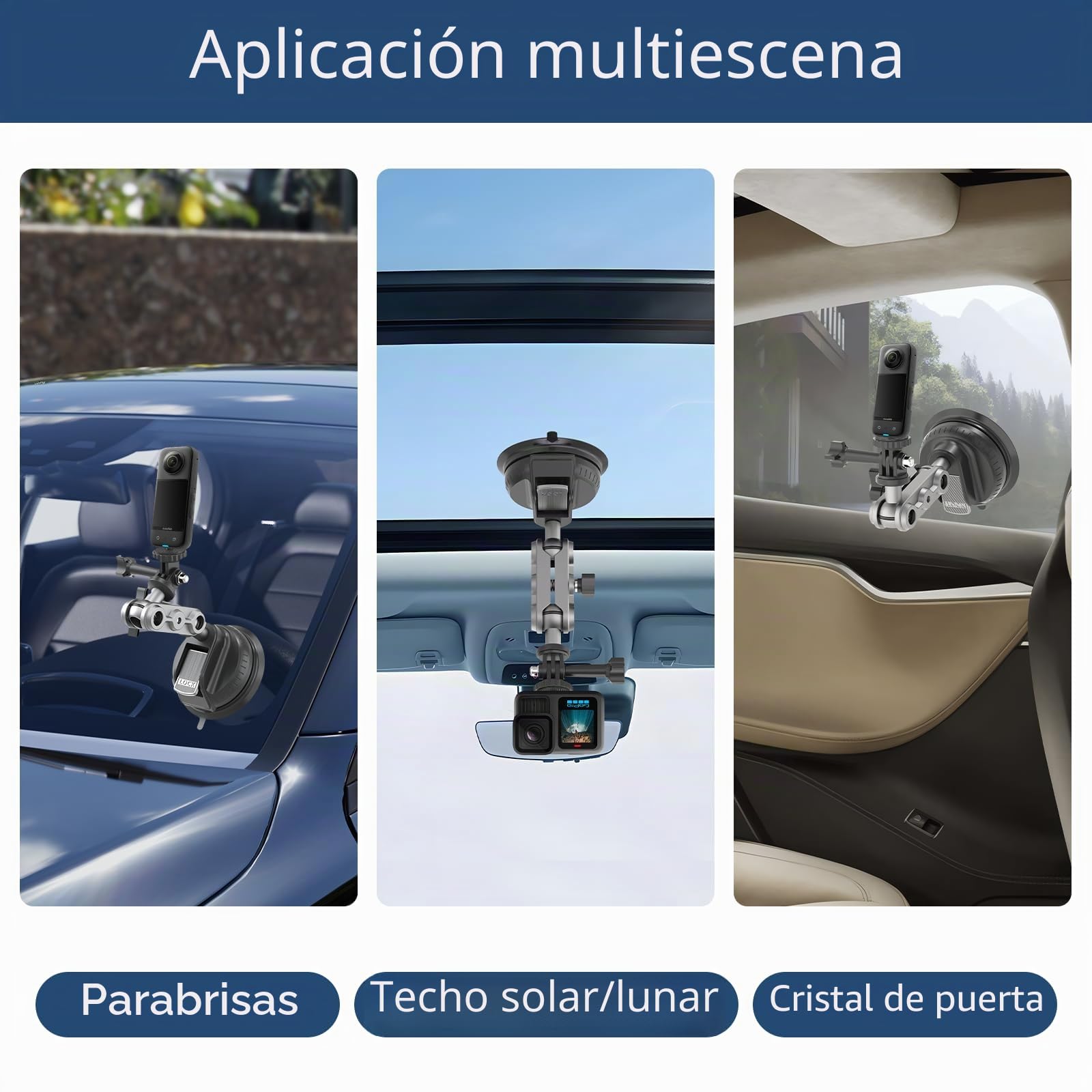 Wiseten Soporte de Ventosa Insta 360 X5 X4 X3 dji Osmo 360 Hero 13 12 11 10 9 Black, Ventosa Soporte con Cabeza de Bola Doble Rotación 360°, Montaje en Parabrisas o Ventana del Coche Accesorio