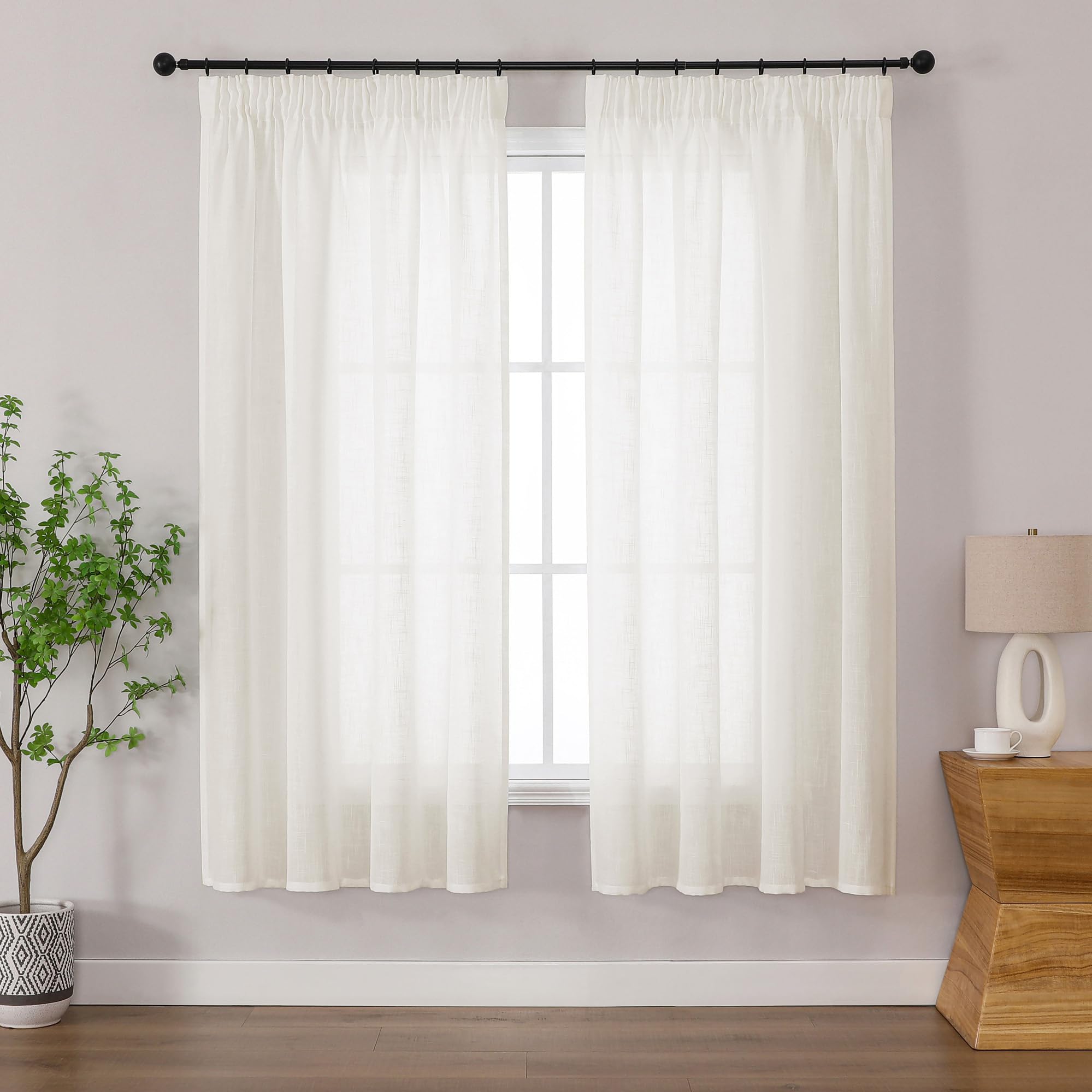 Simplebrand Natural Linen Blend Pencil Pleat Curtains, Light Filtering Semi-Sheer Textured Window Drapes for Privacy, 2 Panels for Kitchen, Bedroom & Home Office, W140 x L163 cm