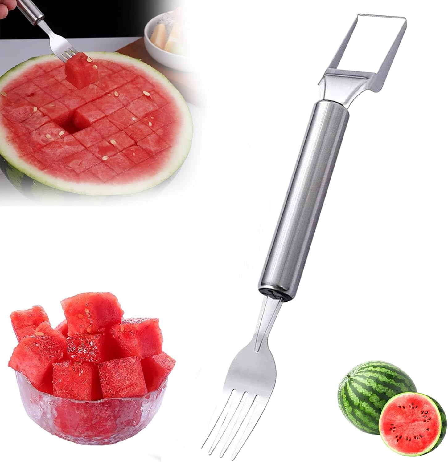 Watermelon Fork Slicer Cutter, 2025 New 2-in-1 Stainless Steel Fruit Cutter, Dual Head Fruit Forks Knife, Summer Fruits Watermelon Slicer Tool Home Kitchen Gadgets (1 Pcs)