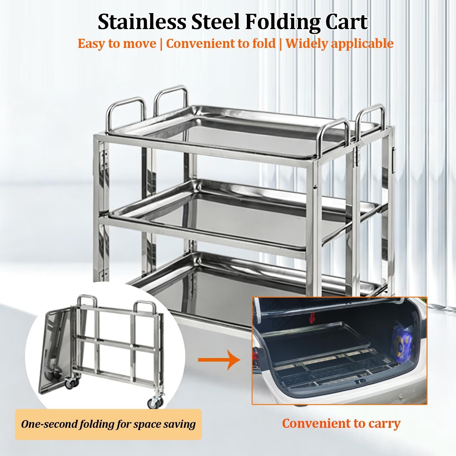 Carrito de Servicio Plegable de Acero Inoxidable, Carrito utilitario rodante Plegable de 3 Niveles Que Ahorra Espacio con Ruedas con Freno, Carrito de Comida móvil portátil