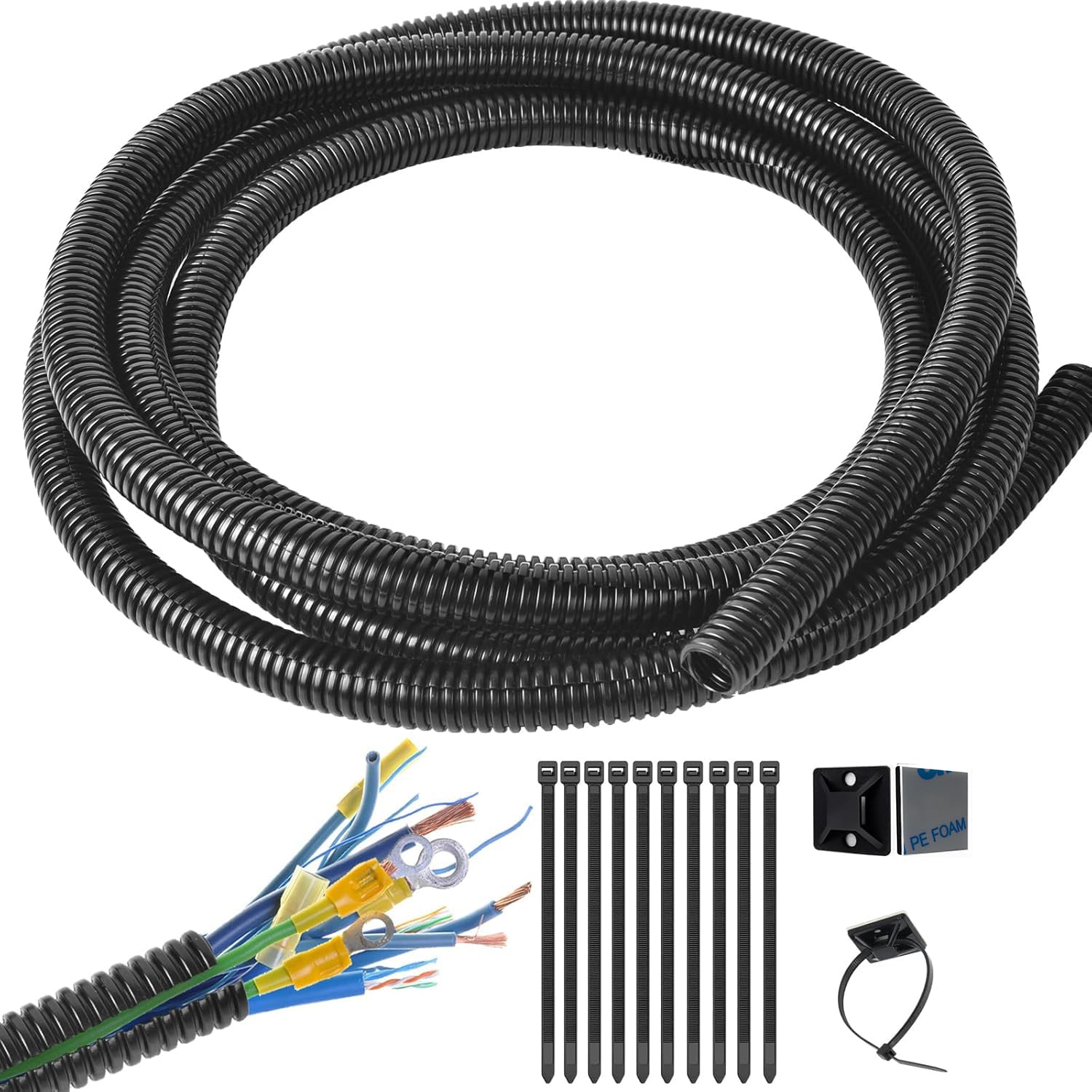 1/4 Inch Wire Loom Split Tubing - 15 ft Cord Protector Electric Wires Covers, Automotive Wire Flexible Conduit, Plastic Wire Cover with Cable Zip Tie (1/4"-15ft)