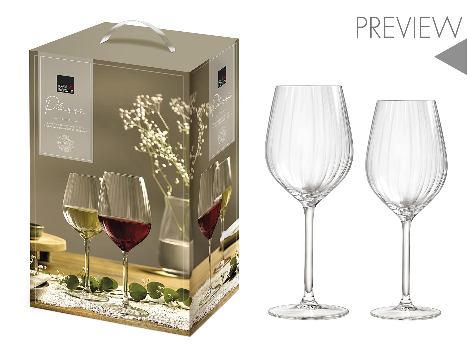 Royal Leerdam Plisse Servizio 12 Calici in Vetro Trasparente. Composto da 6 Calici Vino Bianco 38cl e 6 Calici Vino Rosso 50cl
