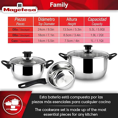 Miniatura 2 de MAGEFESA Family - Juego de utensilios de cocina de acero inoxidable de 5 piezas, tapas de vidrio templado con rejillas de ventilación, compatibles