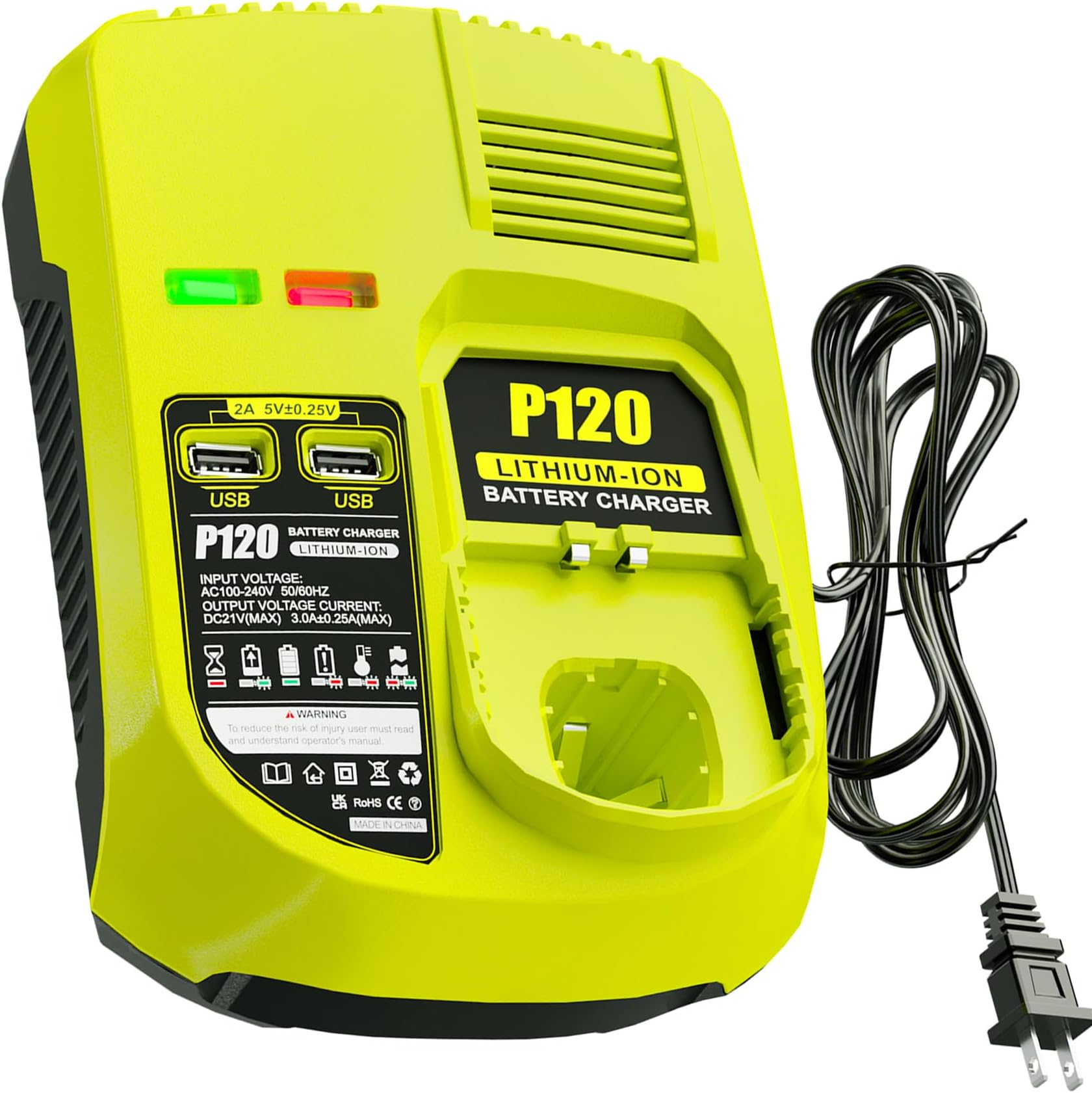 【with 2 USB Port】 Charger Replacement for Ryobi 18V Charger P117 Compatible with Ryobi 12V-18V One+ Lithium NiCad NiMh Battery P102 P108 P189 P197 P103 P105 P107 P190 P191 PBP002 PBP005