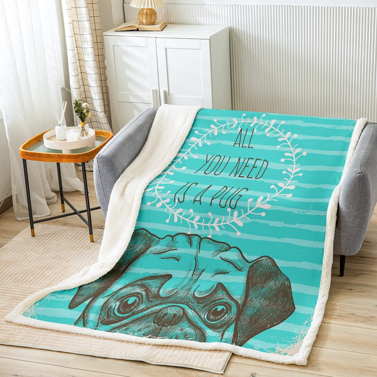 Manta de peluche para perros y niñas, para niños, niñas, de dibujos animados, para mascotas, pug y cachorros, manta difusa, para sofá cama, azul rey 87 x 94 pulgadas