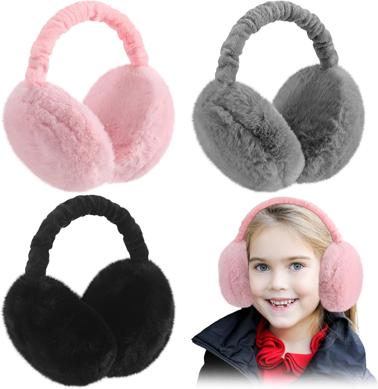 Liitrsh 3 Pcs Kids Ear Muffs Winter Warmers Foldable Fuzzy Plush Earmuffs for Girls Boys Outdoor Earmuffs Bulk for Toddler