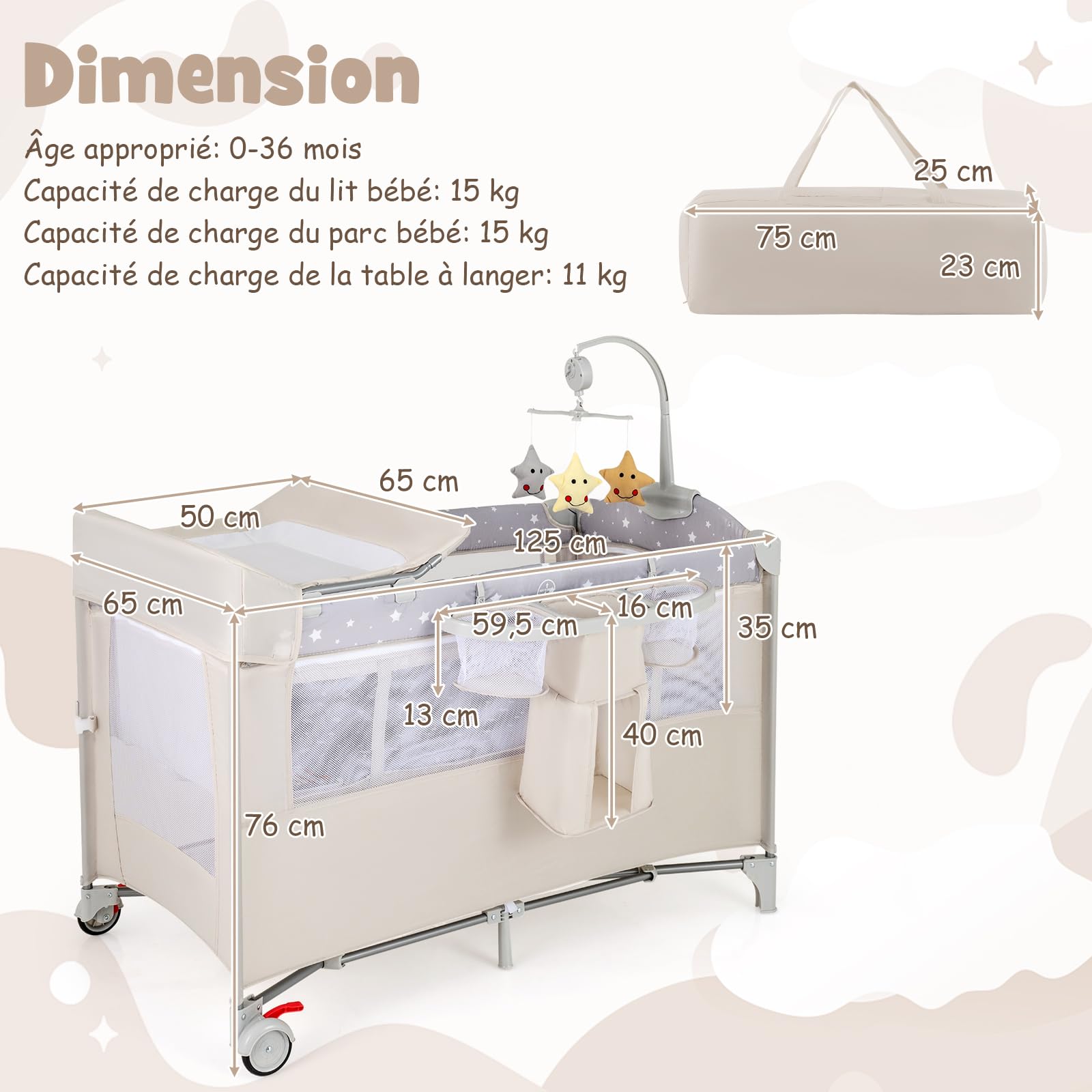 COSTWAY 5 en 1 Lit Parapluie Bébé avec Matelas et Table à Langer Amovible, Lit Bébé Évolutif avec Boîte à Musique et Jouets Suspendus, Hauteur Réglables pour Bébé de 0-3 Ans (Beige)